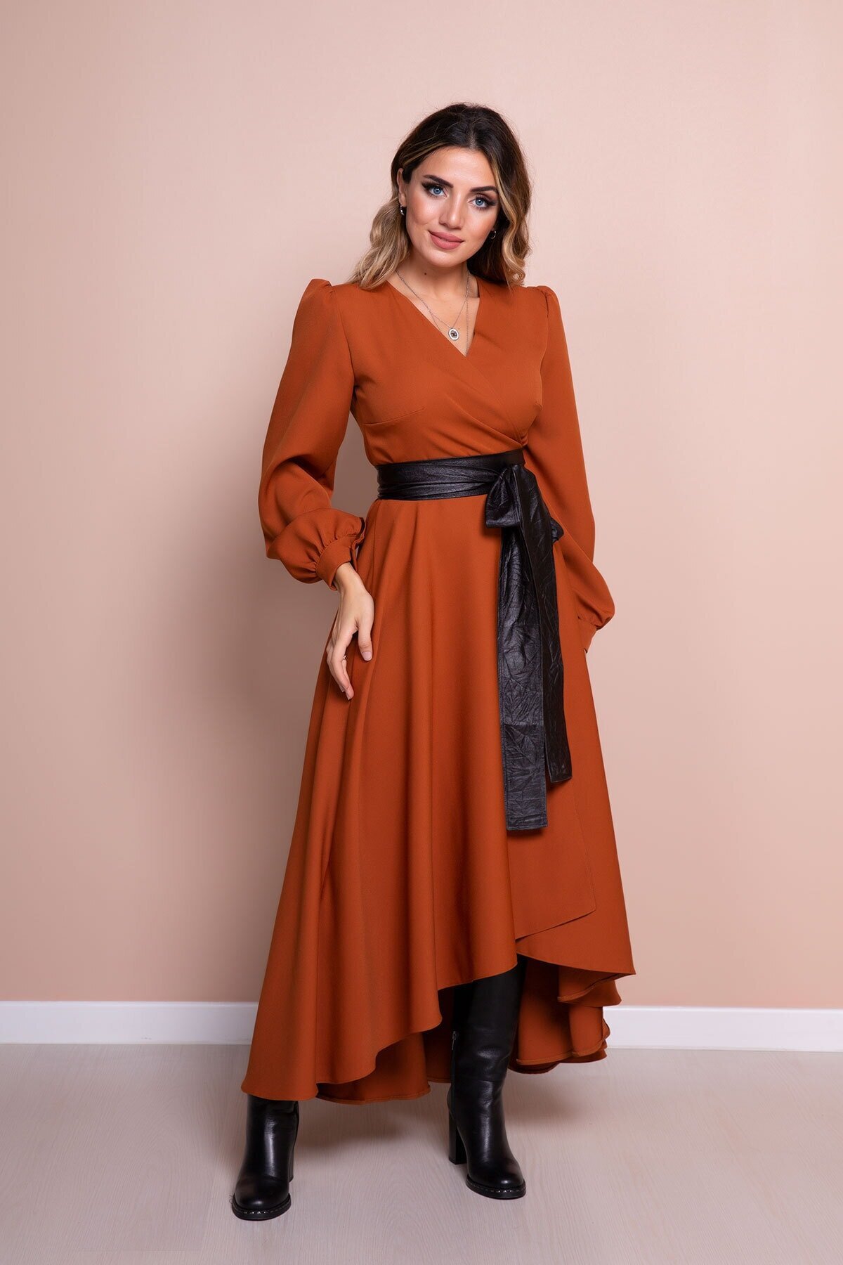 Asymmetrical Cut Long Sleeve Modest Dress with Leather Belt - Cinnamon - Bidoluelbise