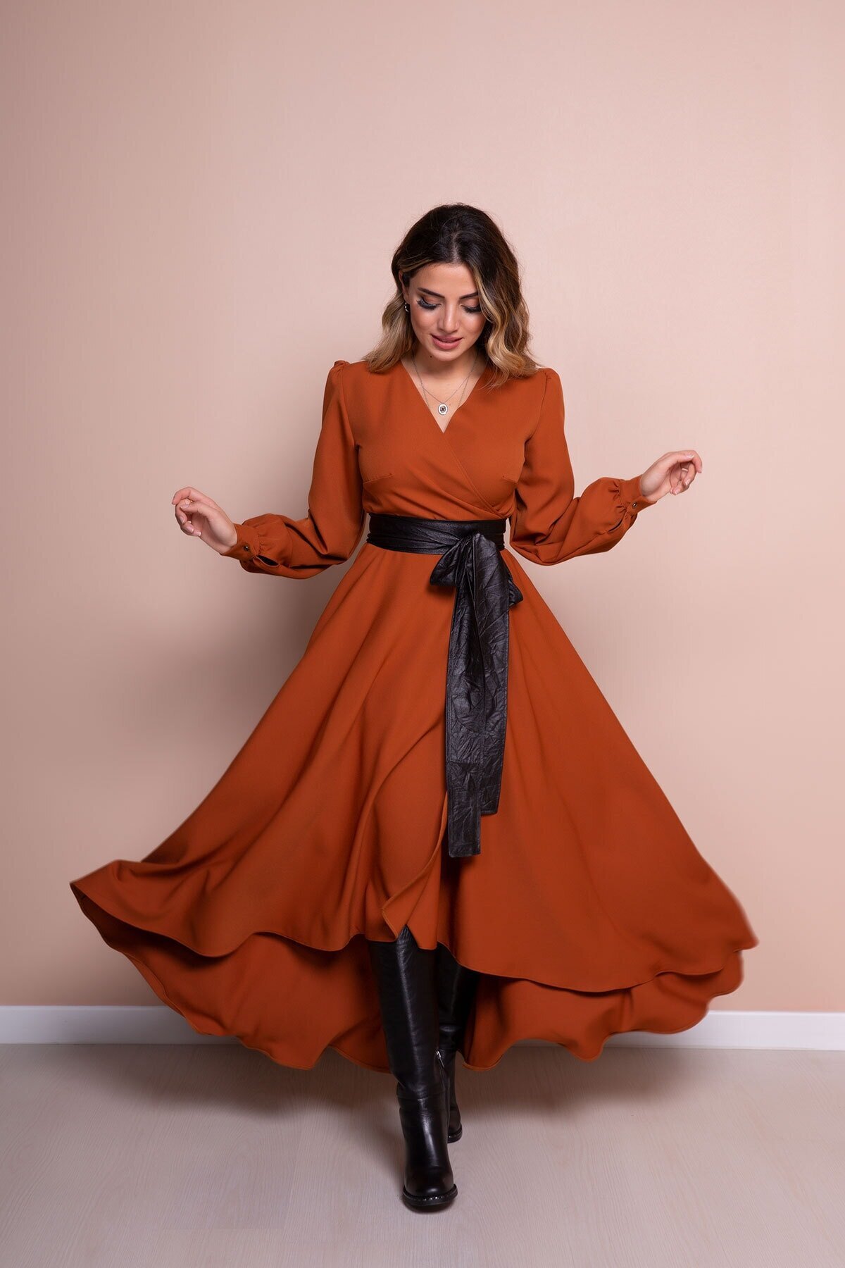 Asymmetrical Cut Long Sleeve Modest Dress with Leather Belt - Cinnamon - Bidoluelbise