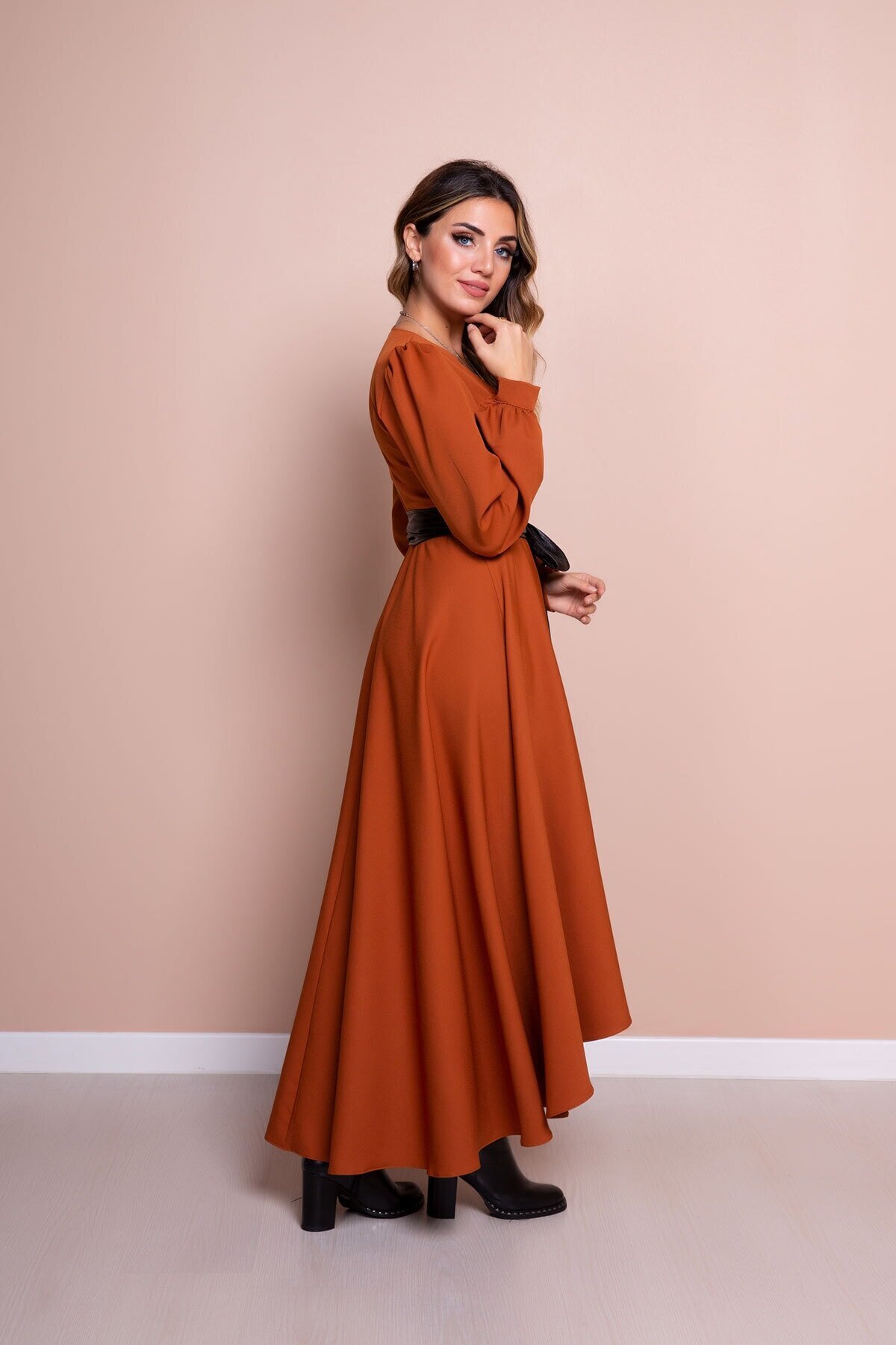 Asymmetrical Cut Long Sleeve Modest Dress with Leather Belt - Cinnamon - Bidoluelbise