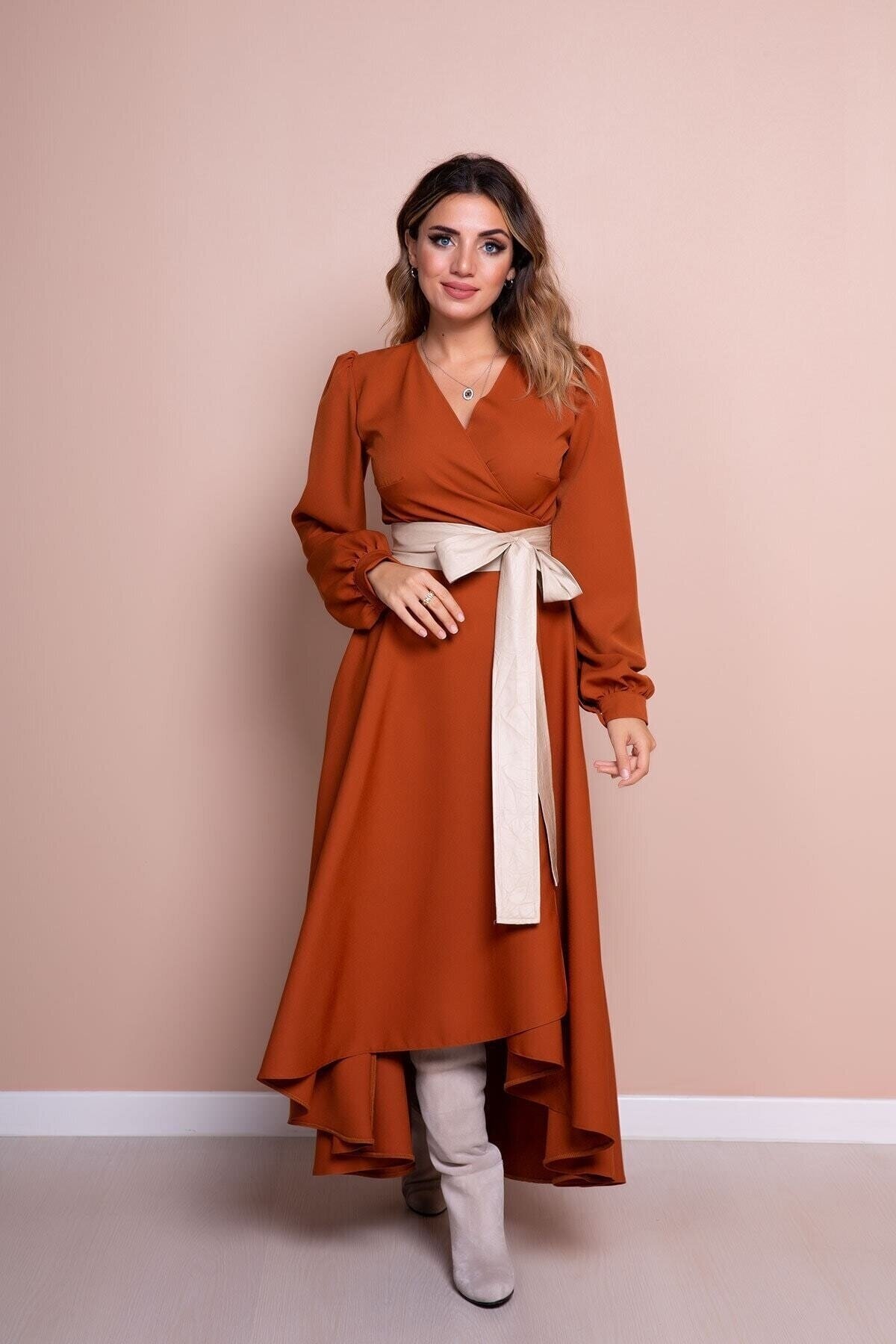 Long Sleeve Asymmetrical Cut Leather Belted Modest Dress - Cinnamon Cream - Bidoluelbise