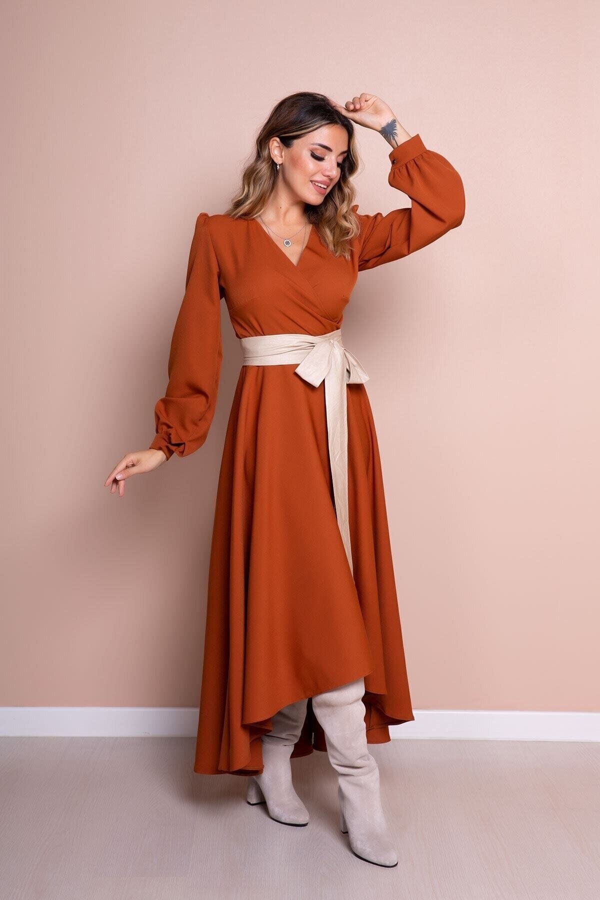 Long Sleeve Asymmetrical Cut Leather Belted Modest Dress - Cinnamon Cream - Bidoluelbise