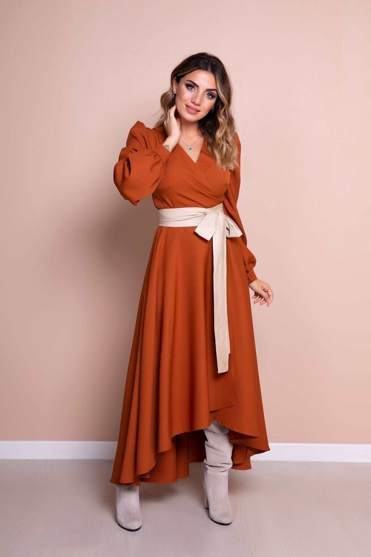 Long Sleeve Asymmetrical Cut Leather Belted Modest Dress - Cinnamon Cream - Bidoluelbise