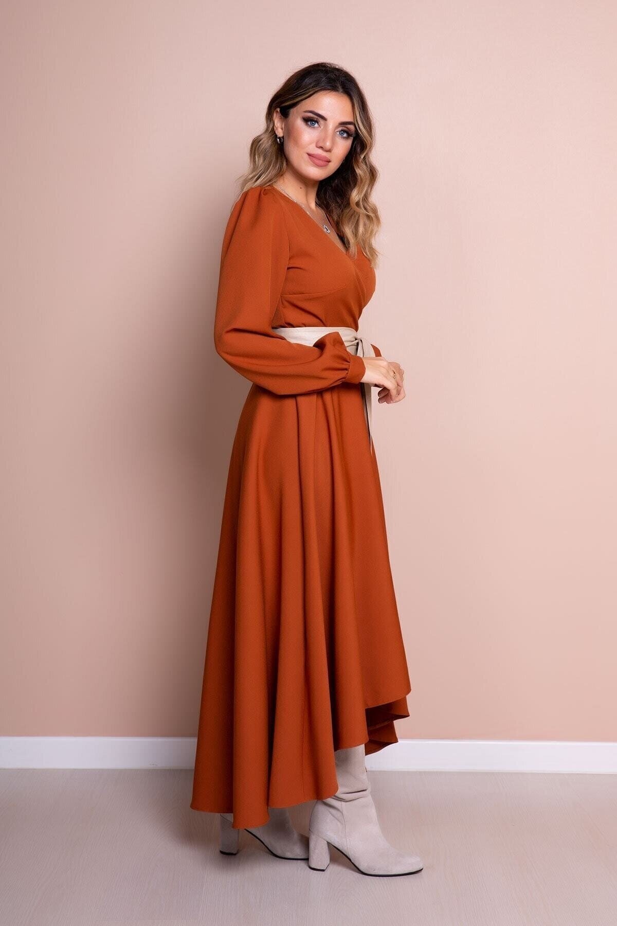 Long Sleeve Asymmetrical Cut Leather Belted Modest Dress - Cinnamon Cream - Bidoluelbise