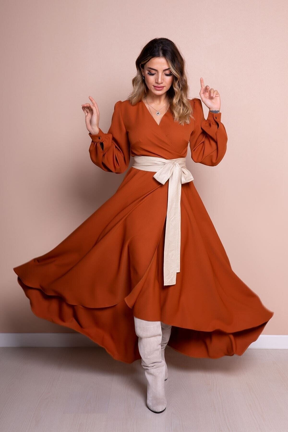 Long Sleeve Asymmetrical Cut Leather Belted Modest Dress - Cinnamon Cream - Bidoluelbise