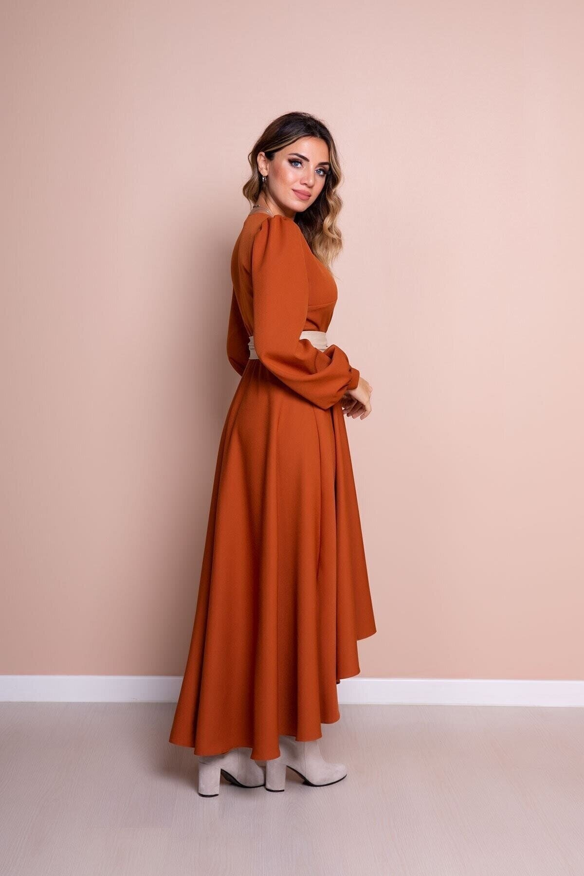 Long Sleeve Asymmetrical Cut Leather Belted Modest Dress - Cinnamon Cream - Bidoluelbise