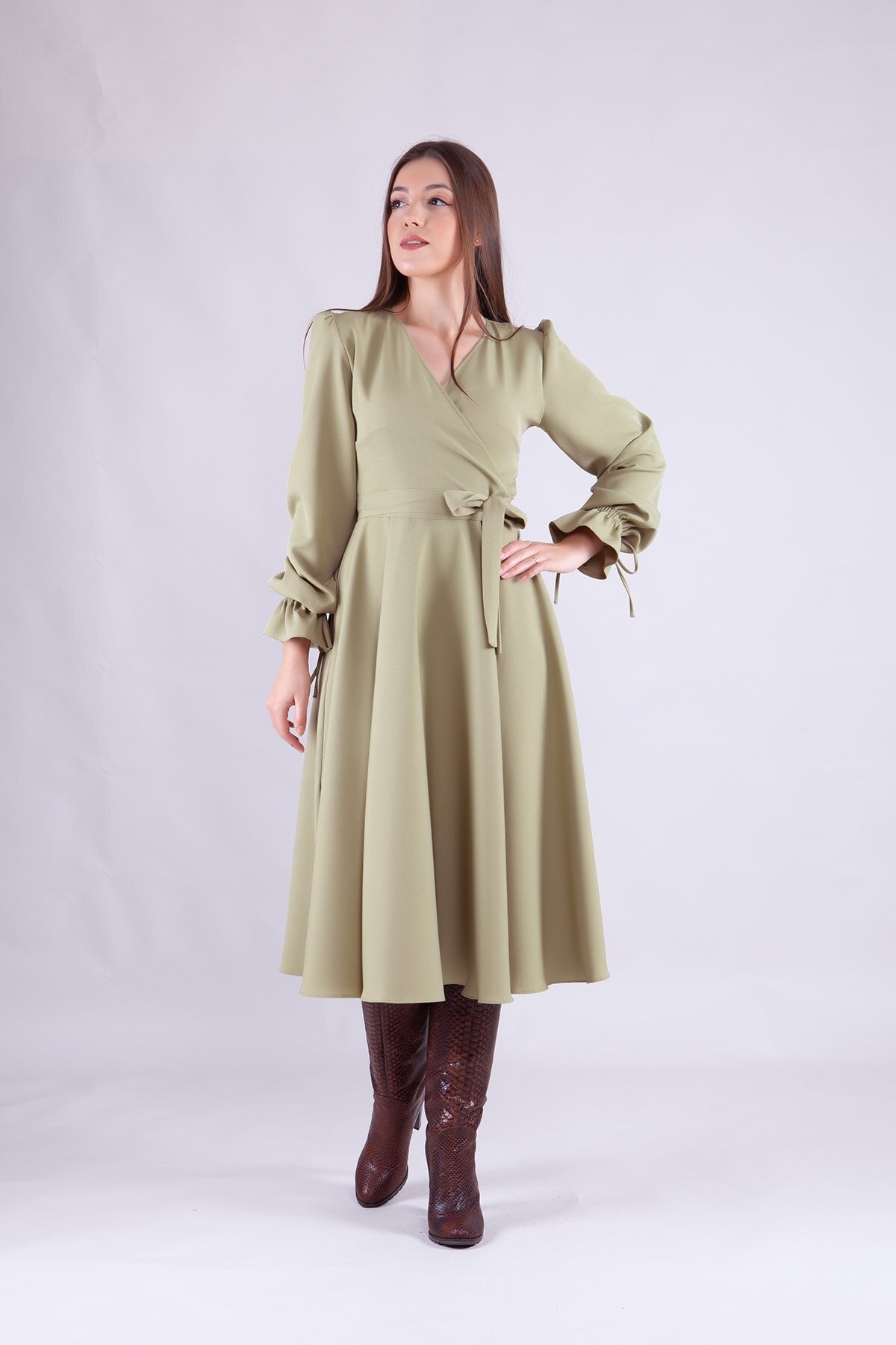 Midi Long-Sleeve Wrap-Neck Modest Dress - Oil Green - Bidoluelbise