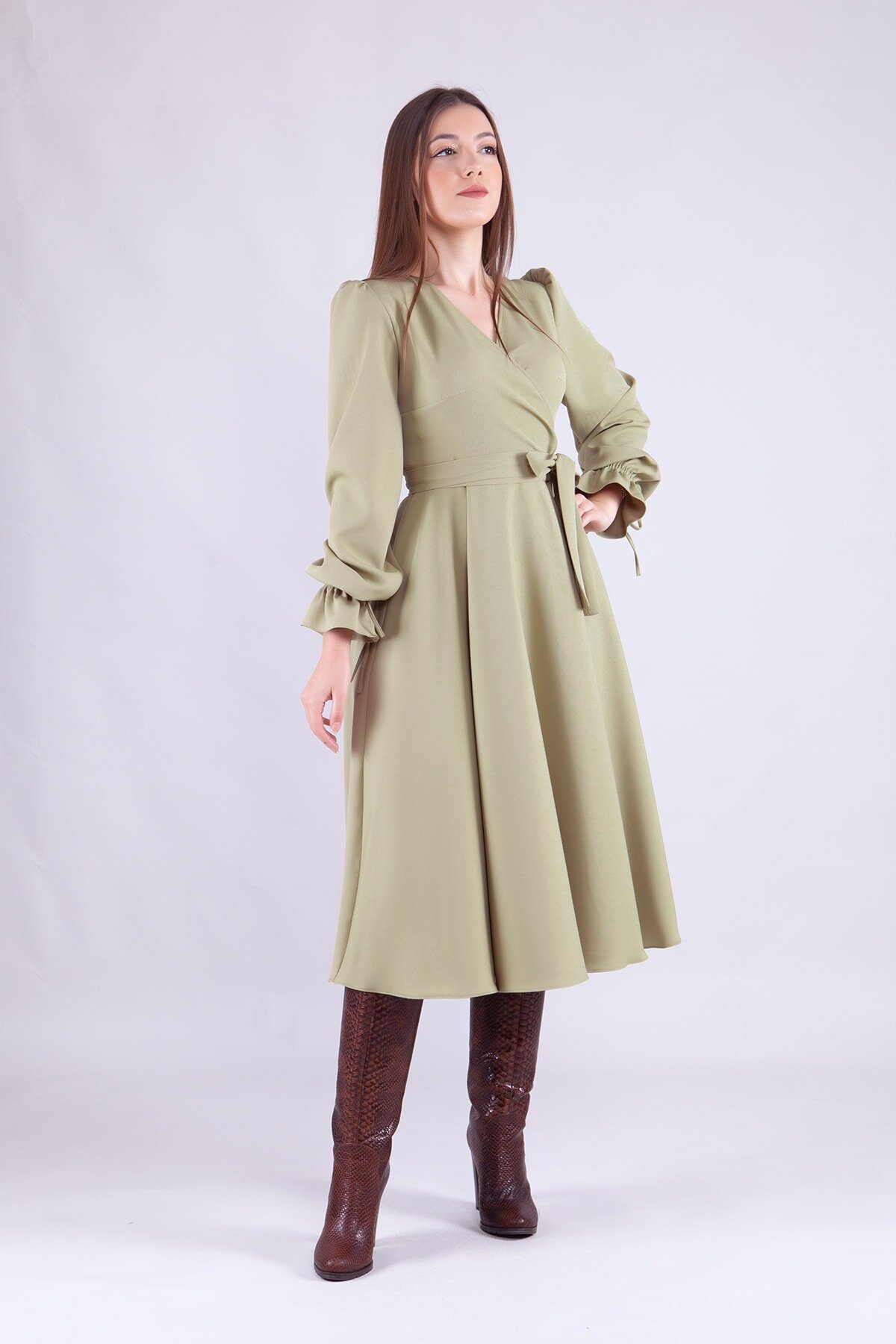 Midi Long-Sleeve Wrap-Neck Modest Dress - Oil Green - Bidoluelbise