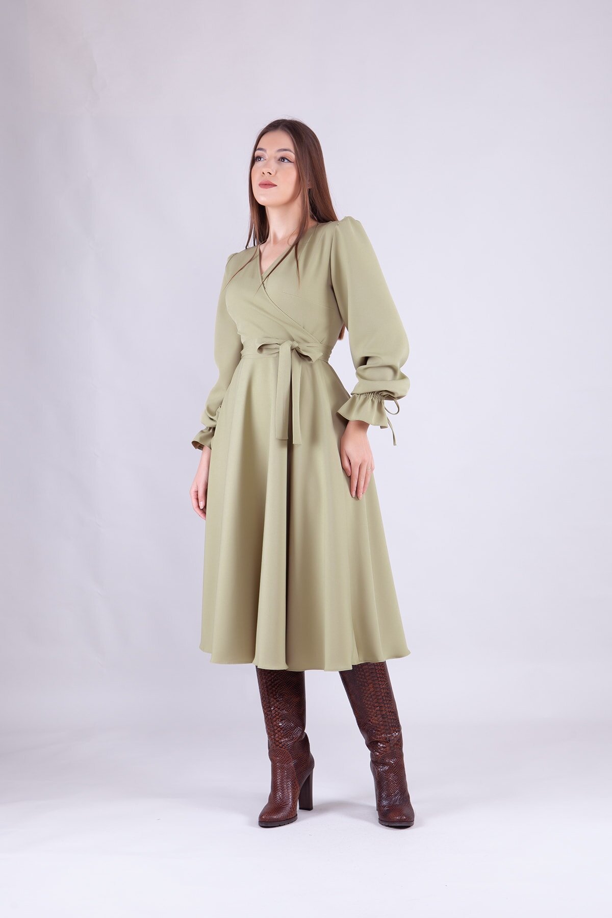 Midi Long-Sleeve Wrap-Neck Modest Dress - Oil Green - Bidoluelbise