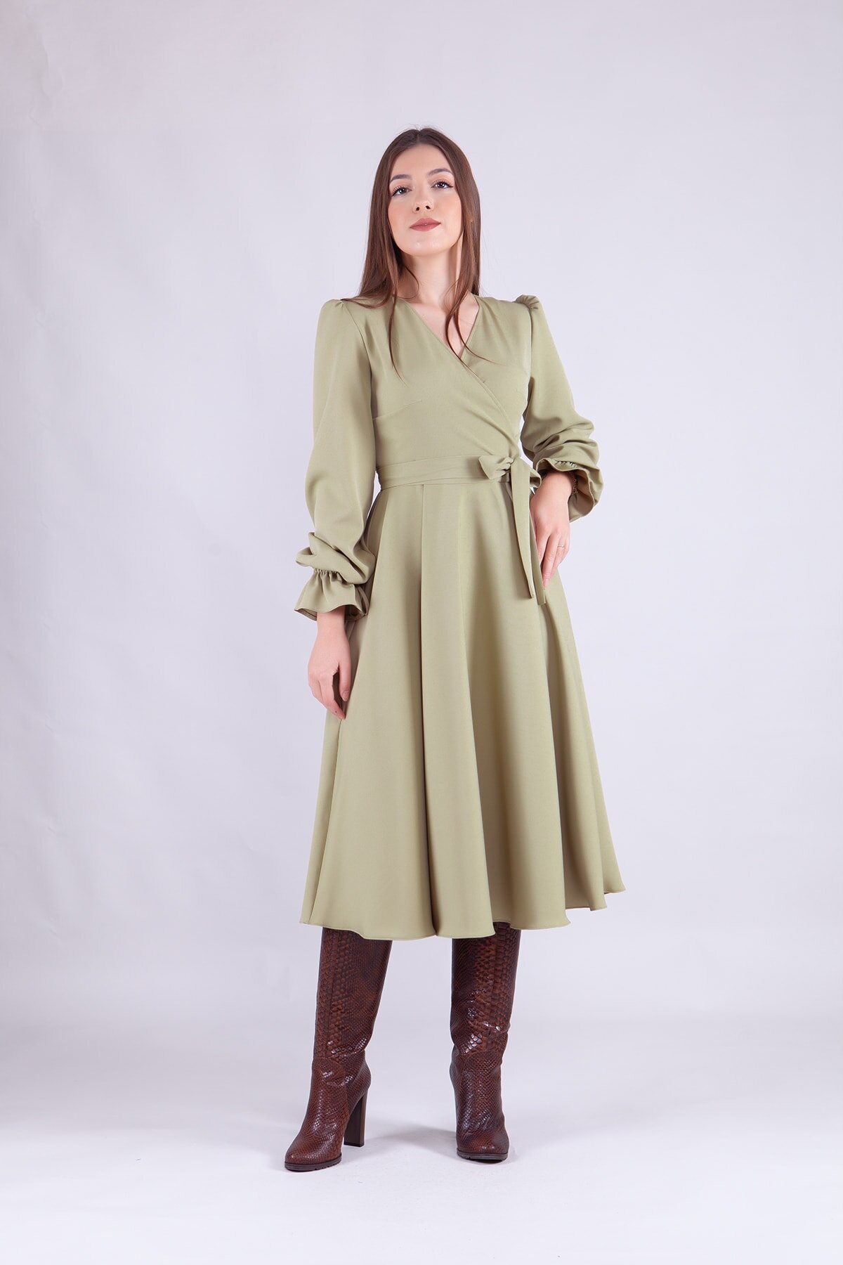 Midi Long-Sleeve Wrap-Neck Modest Dress - Oil Green - Bidoluelbise