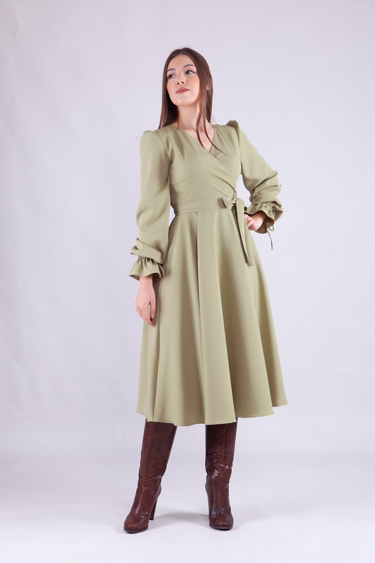 Midi Long-Sleeve Wrap-Neck Modest Dress - Oil Green - Bidoluelbise