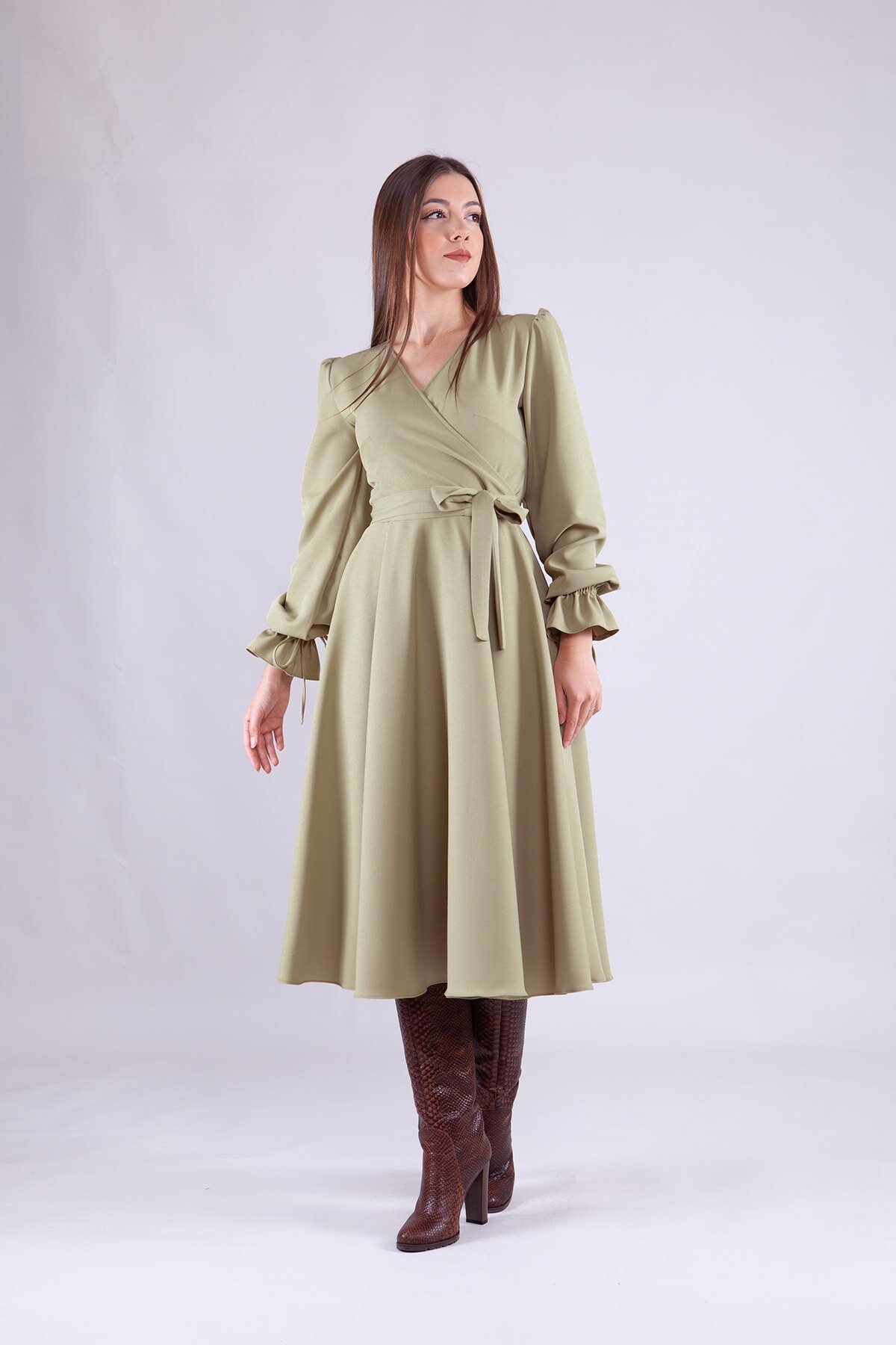 Midi Long-Sleeve Wrap-Neck Modest Dress - Oil Green - Bidoluelbise