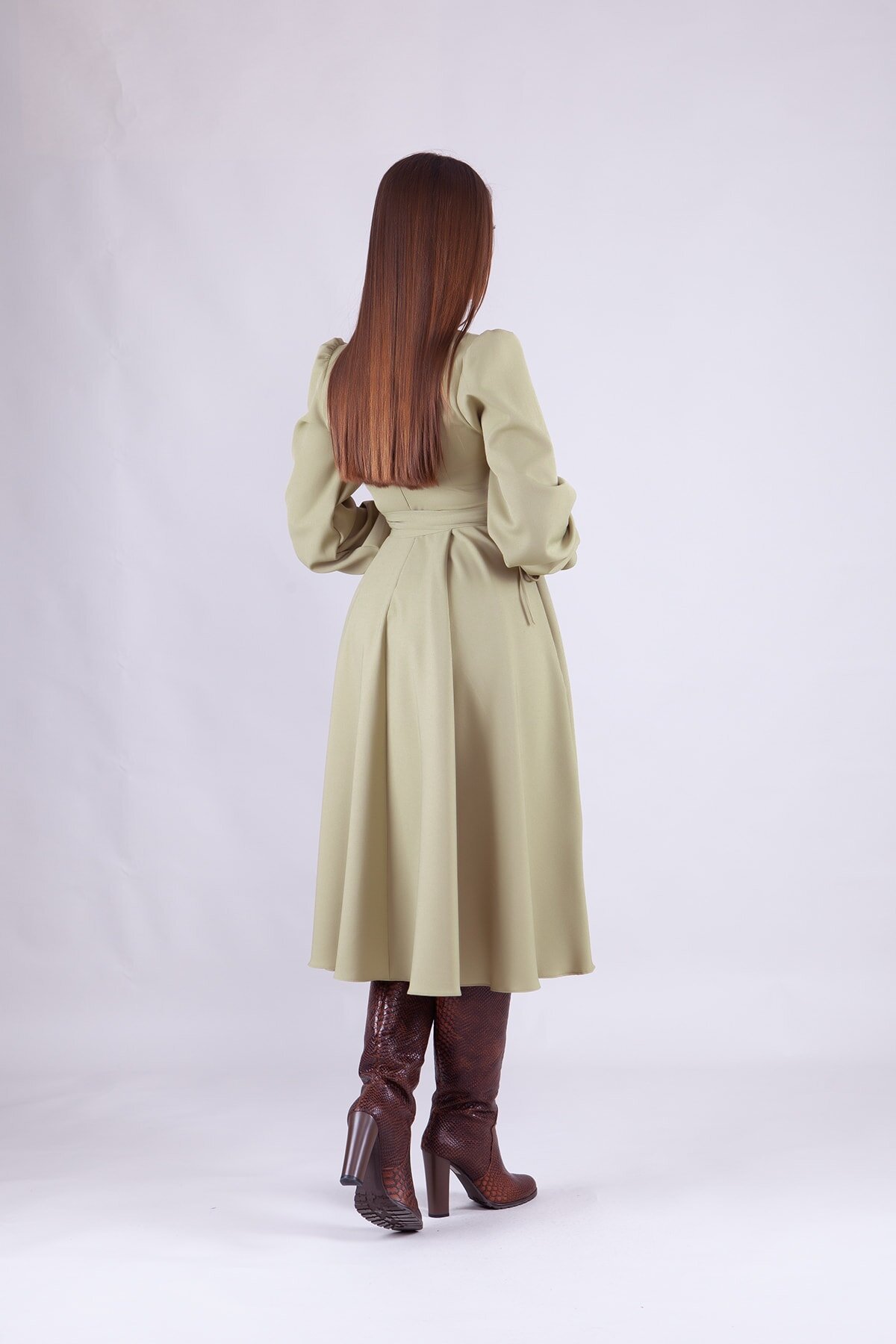 Midi Long-Sleeve Wrap-Neck Modest Dress - Oil Green - Bidoluelbise