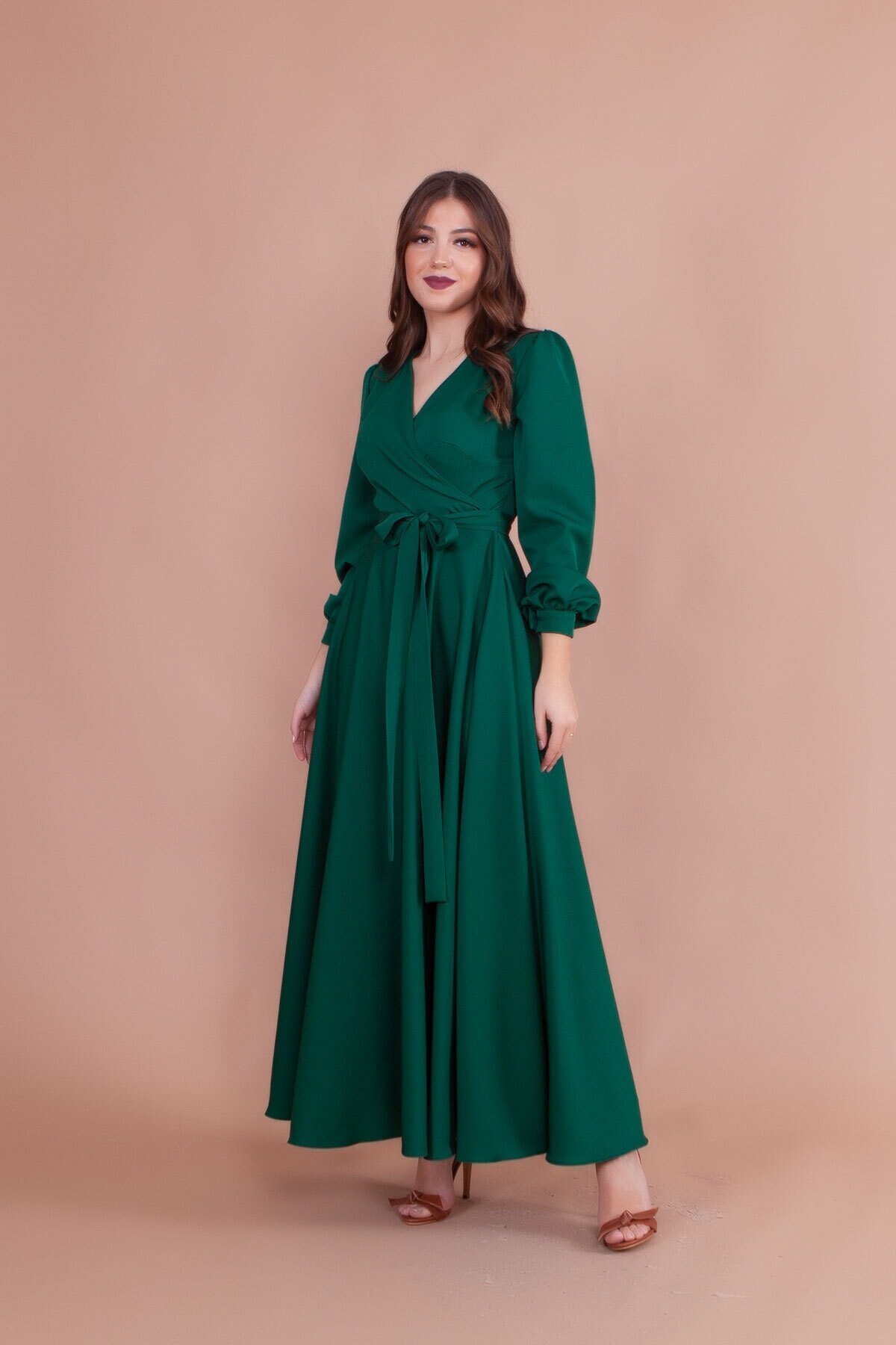Modest Wrap-Neck Belted Evening Dress - Emerald - Bidoluelbise