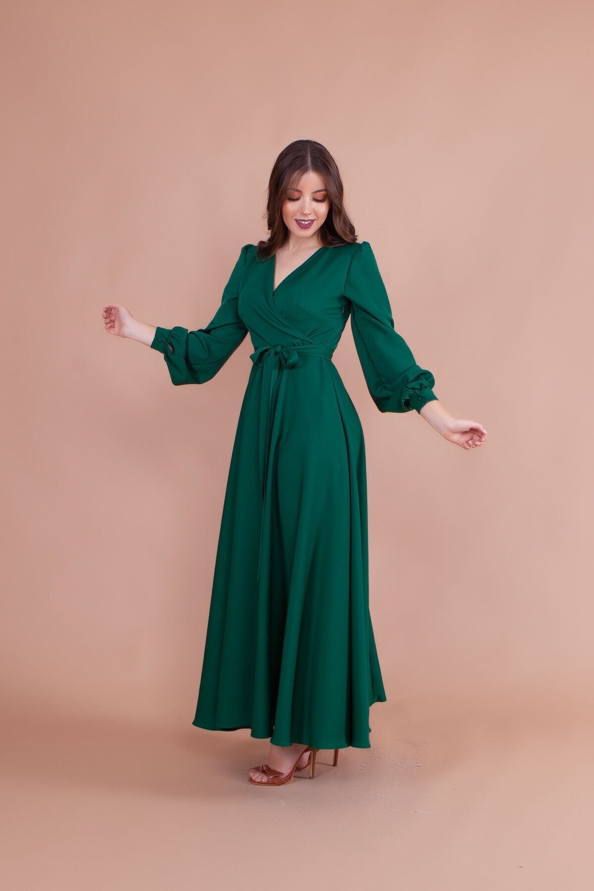 Modest Wrap-Neck Belted Evening Dress - Emerald - Bidoluelbise