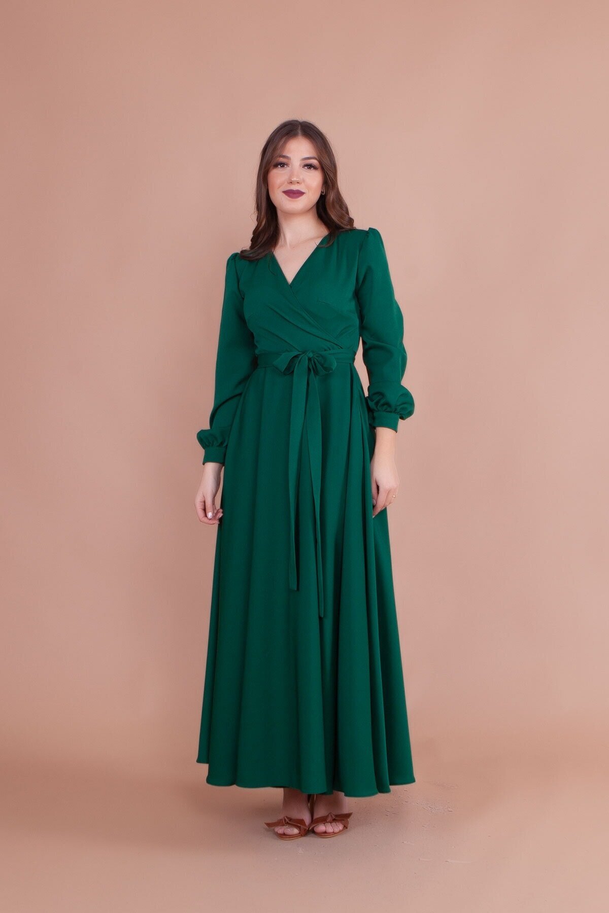 Modest Wrap-Neck Belted Evening Dress - Emerald - Bidoluelbise