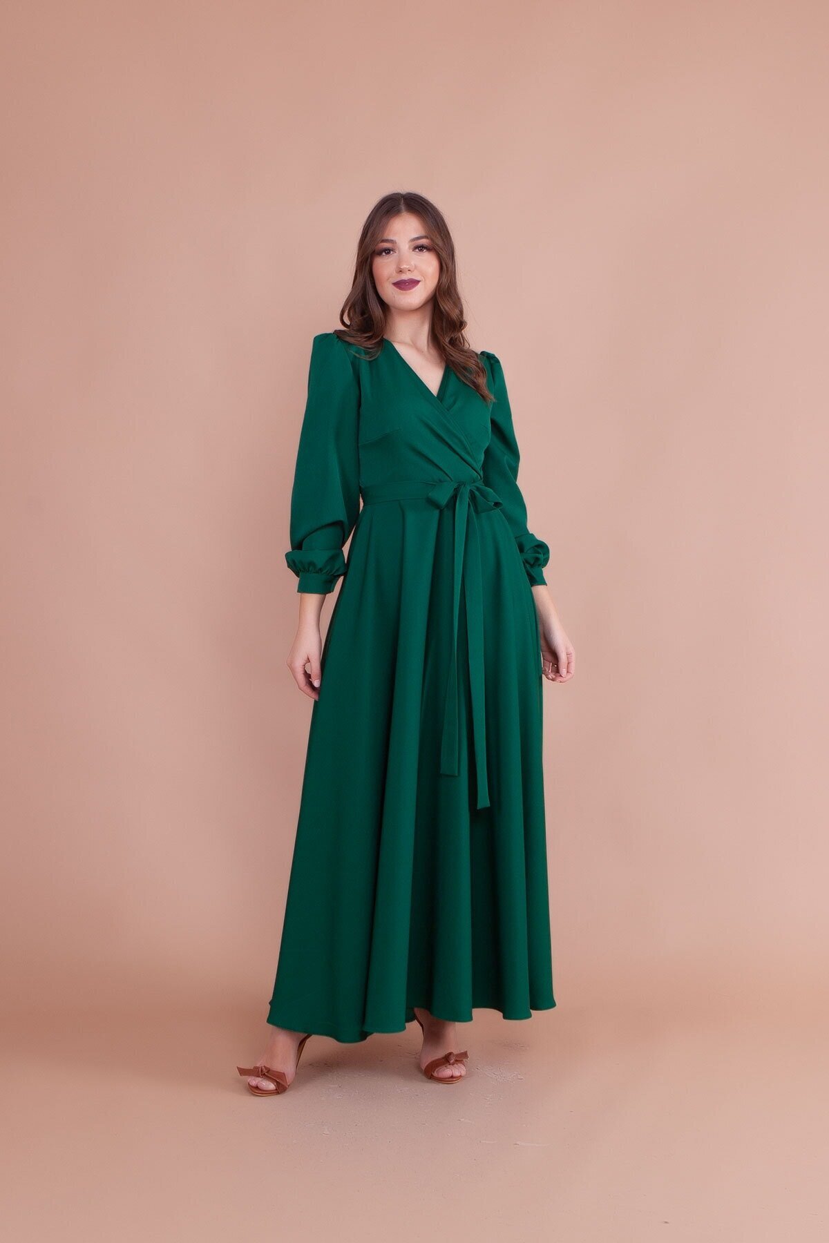 Modest Wrap-Neck Belted Evening Dress - Emerald - Bidoluelbise