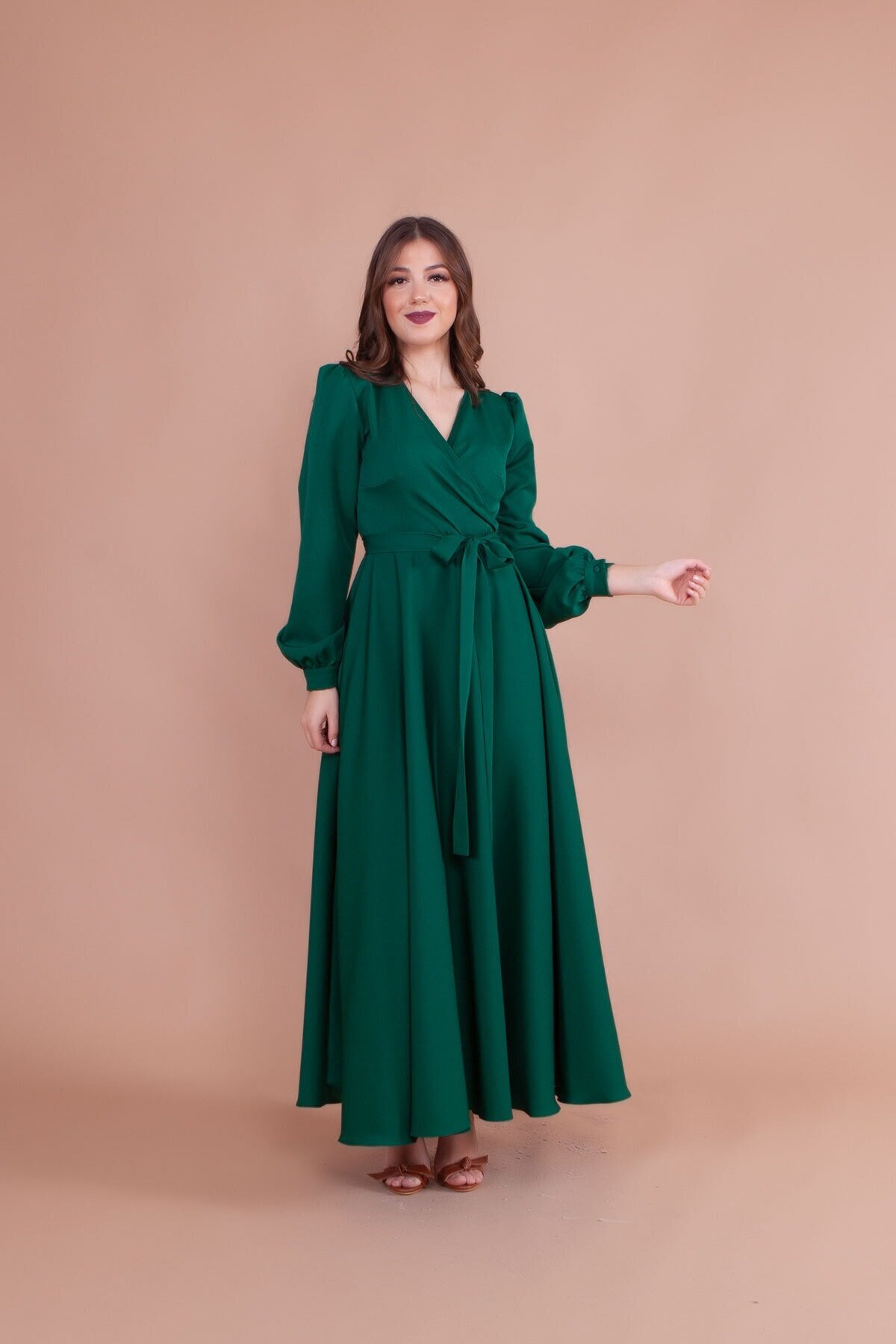 Modest Wrap-Neck Belted Evening Dress - Emerald - Bidoluelbise