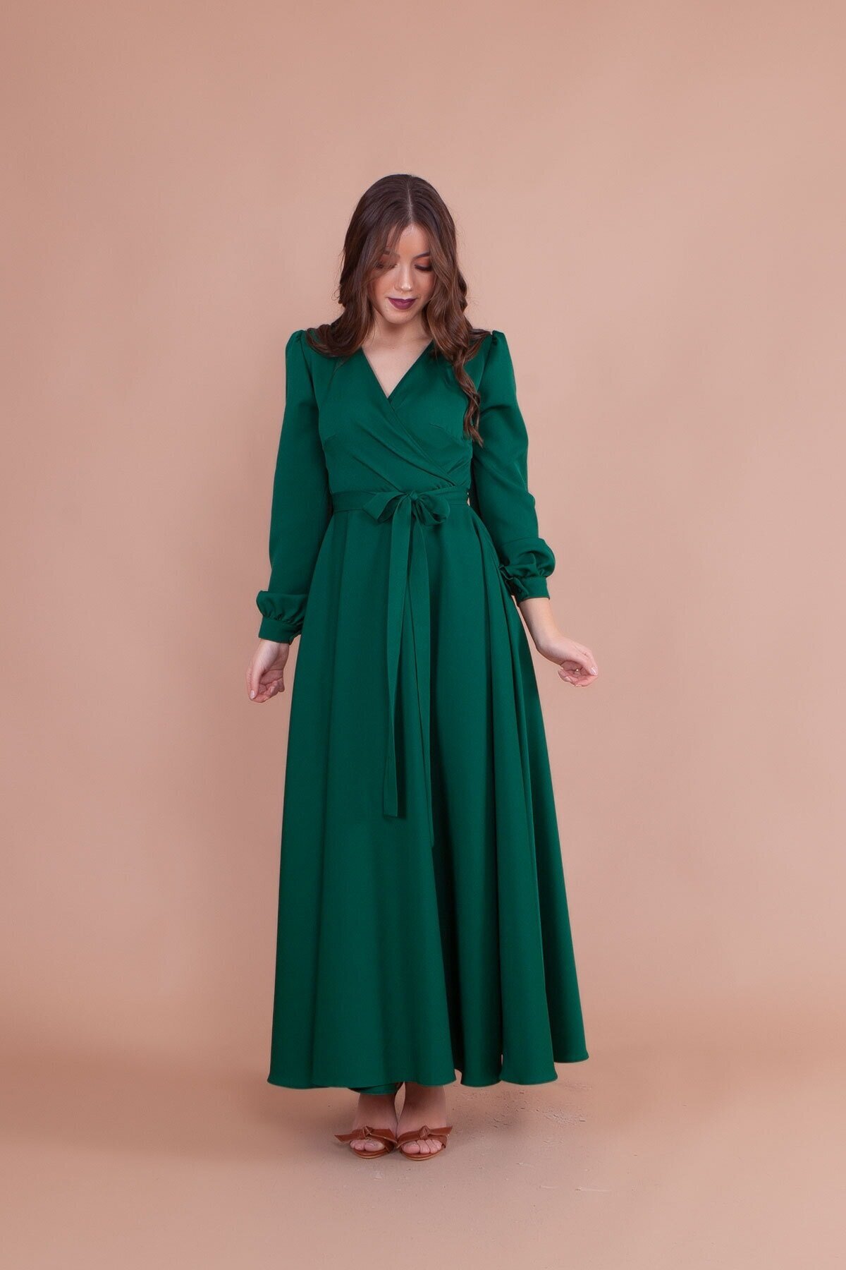 Modest Wrap-Neck Belted Evening Dress - Emerald - Bidoluelbise