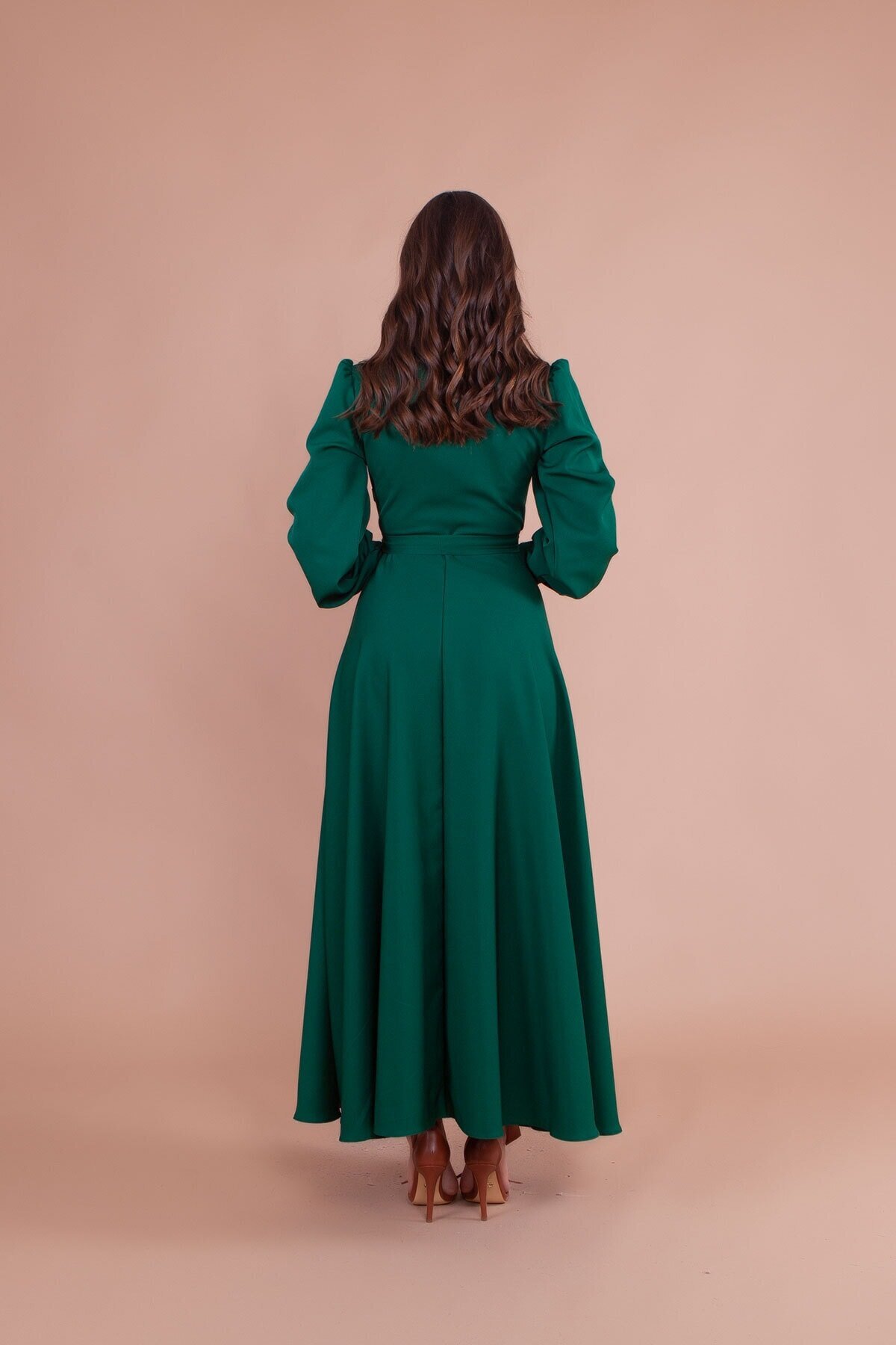 Modest Wrap-Neck Belted Evening Dress - Emerald - Bidoluelbise