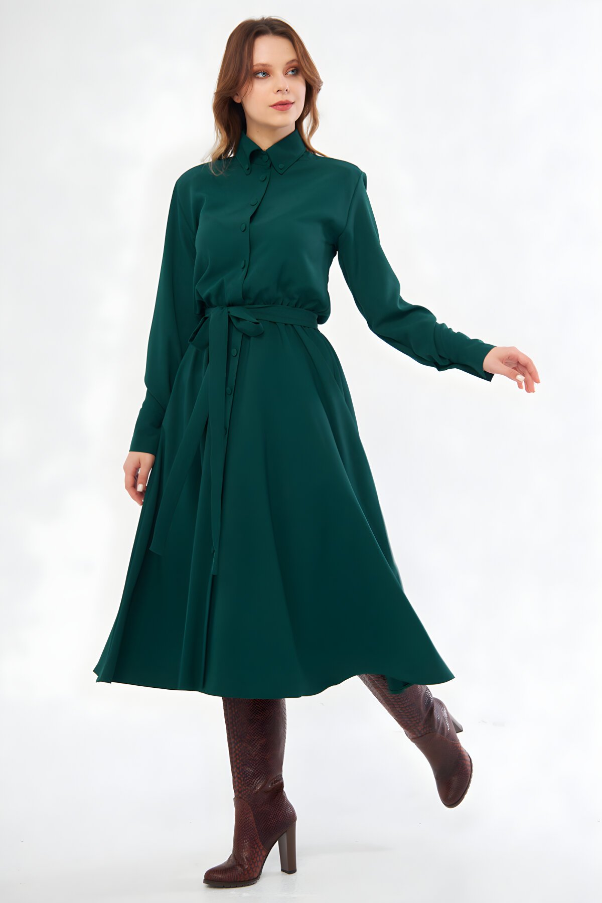 Zümrüt Uzun Kol Kuşaklı Gömlek Elbise - Bidoluelbise