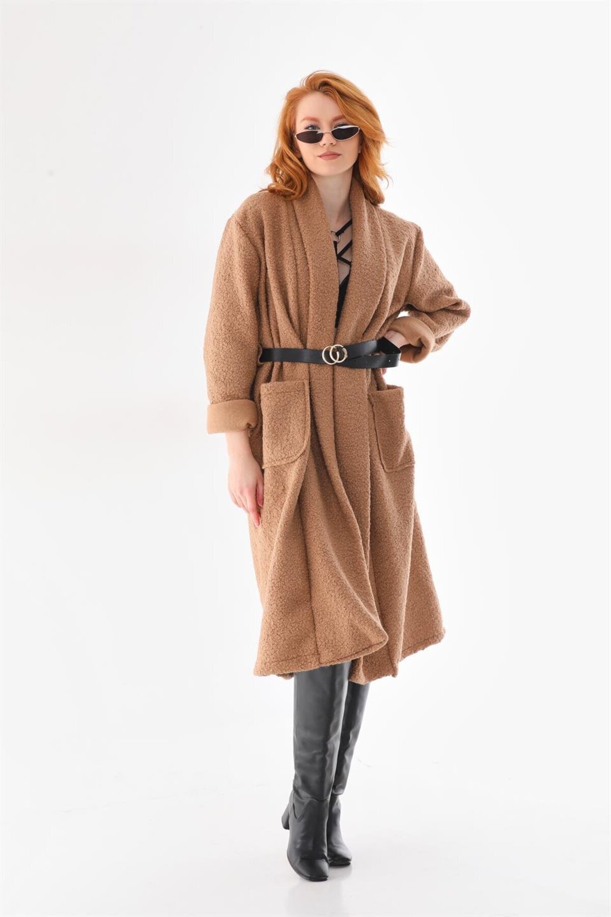 Camel Uzun İtalyan Kemerli Keçe Kaban - Bohem Stil