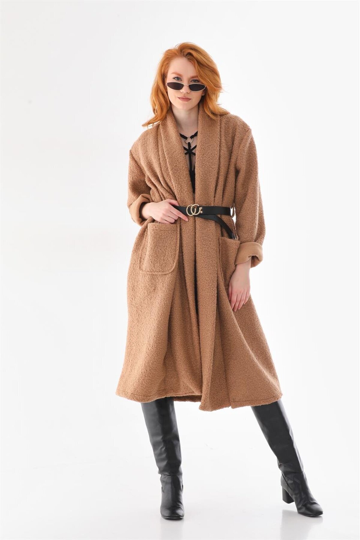 Camel Uzun İtalyan Kemerli Keçe Kaban - Bohem Stil