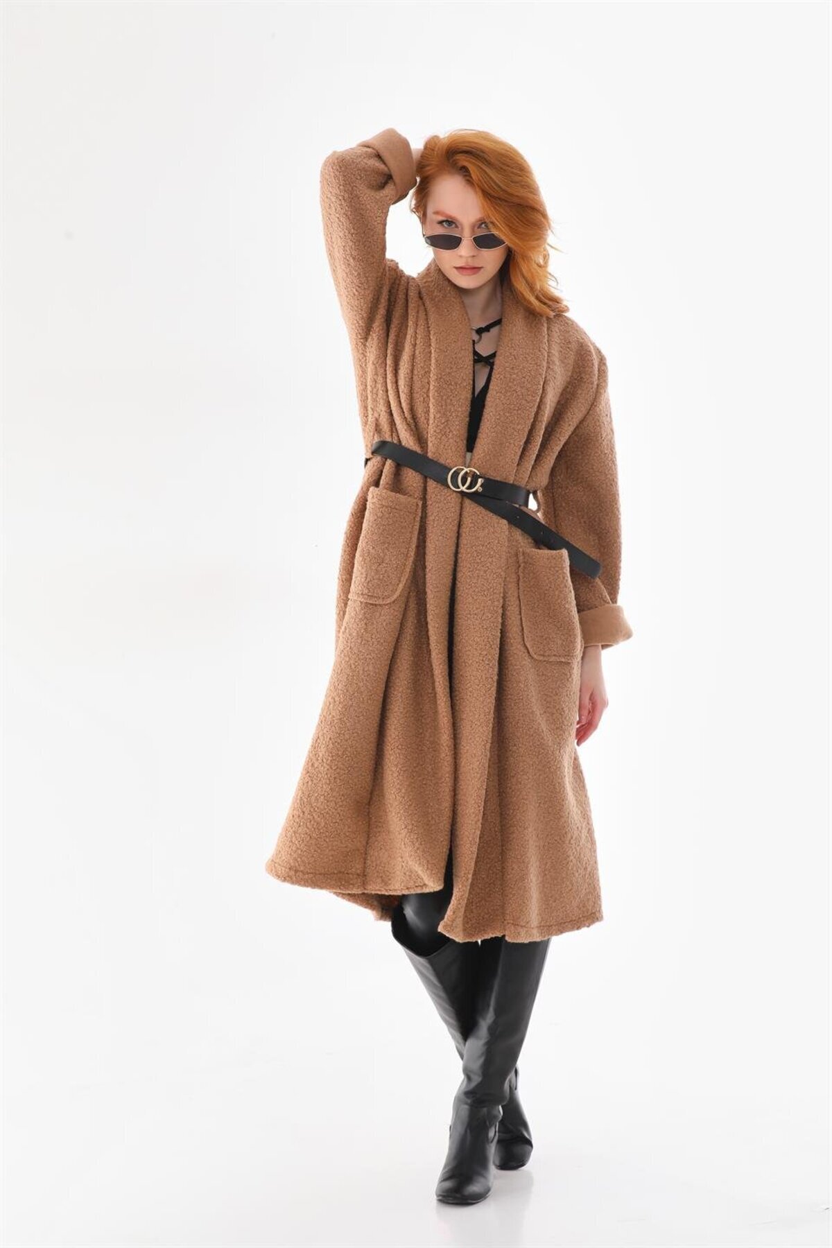 Camel Uzun İtalyan Kemerli Keçe Kaban - Bohem Stil