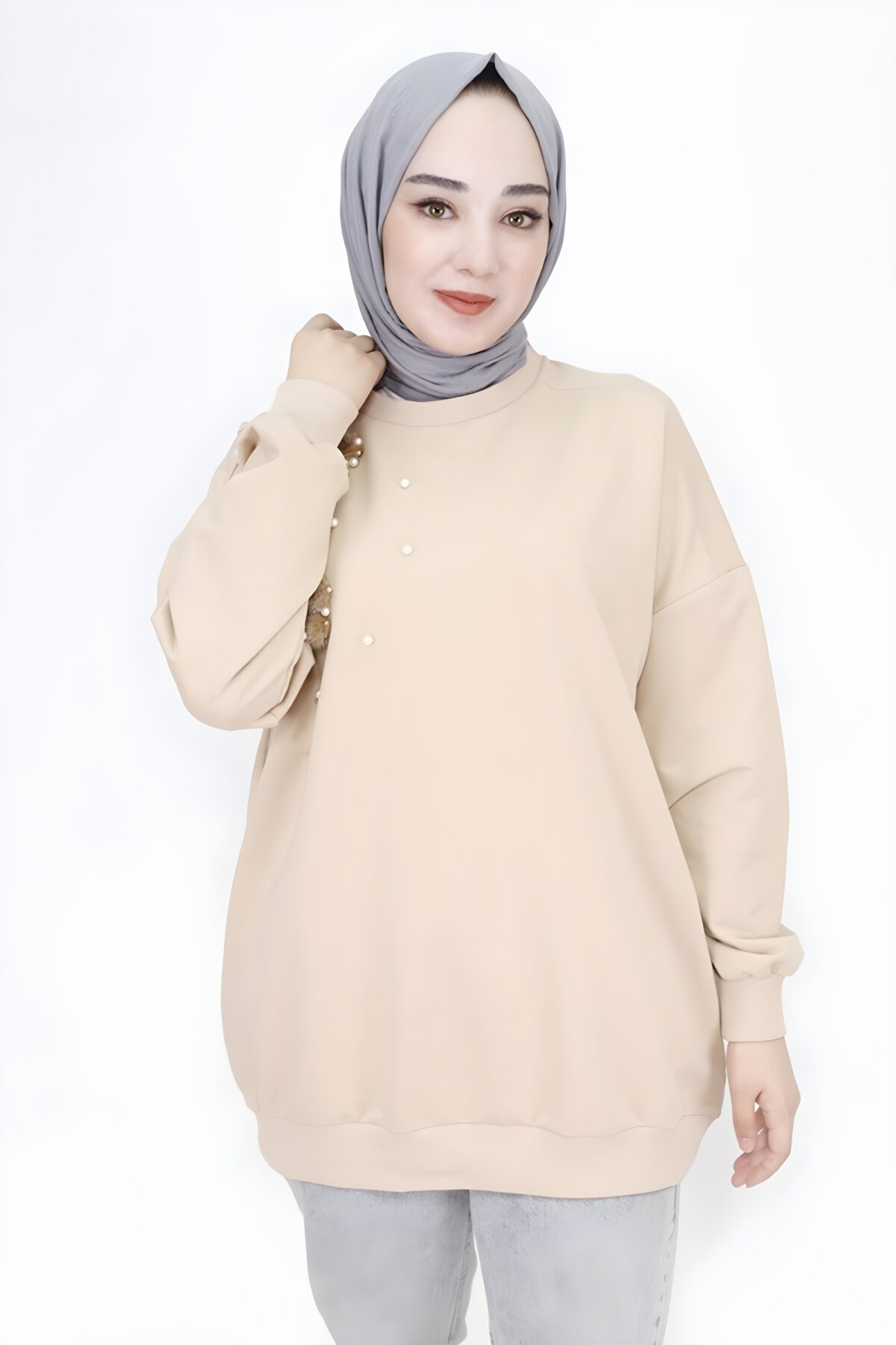 Bej Oversize İki İp Kumaş Tüy İnci Detaylı Tesettür Tunik - Butik