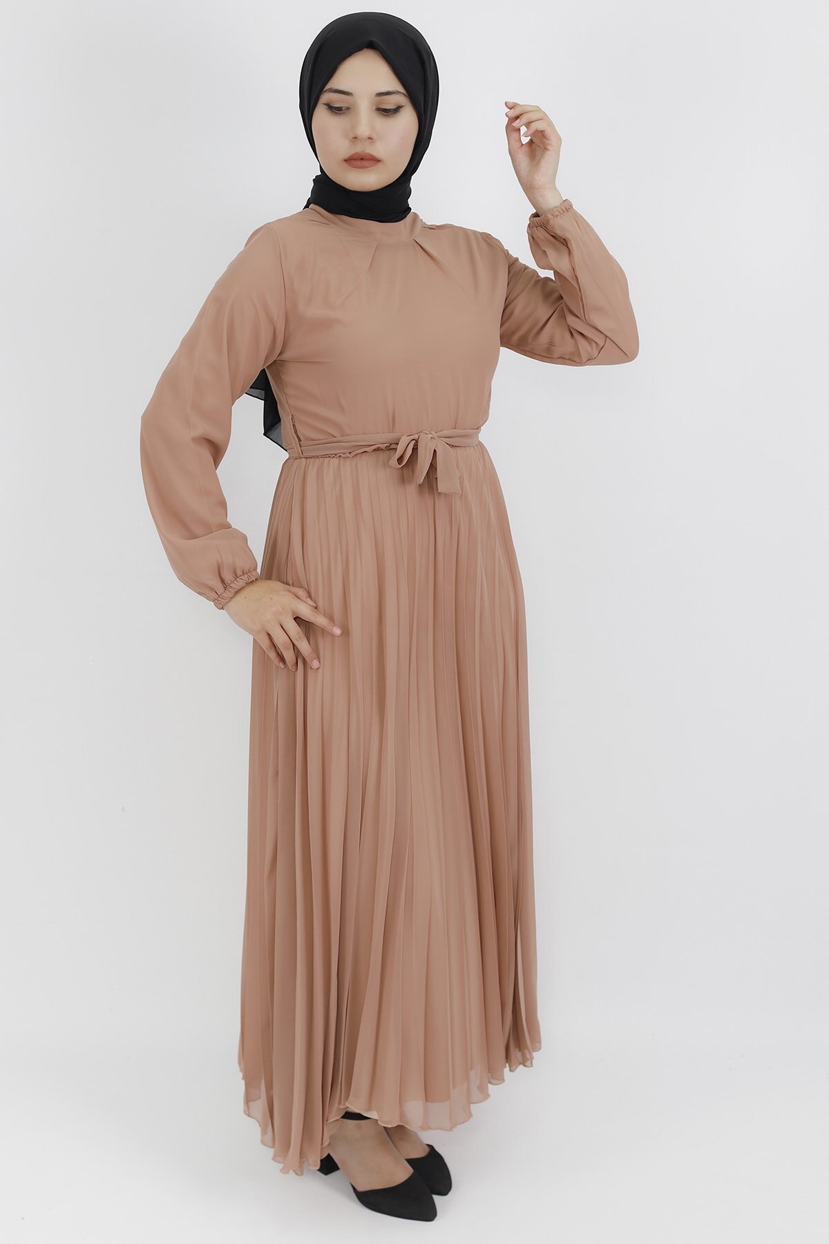 Chiffon Pleated Detail Modest Dress - Beige - Butik
