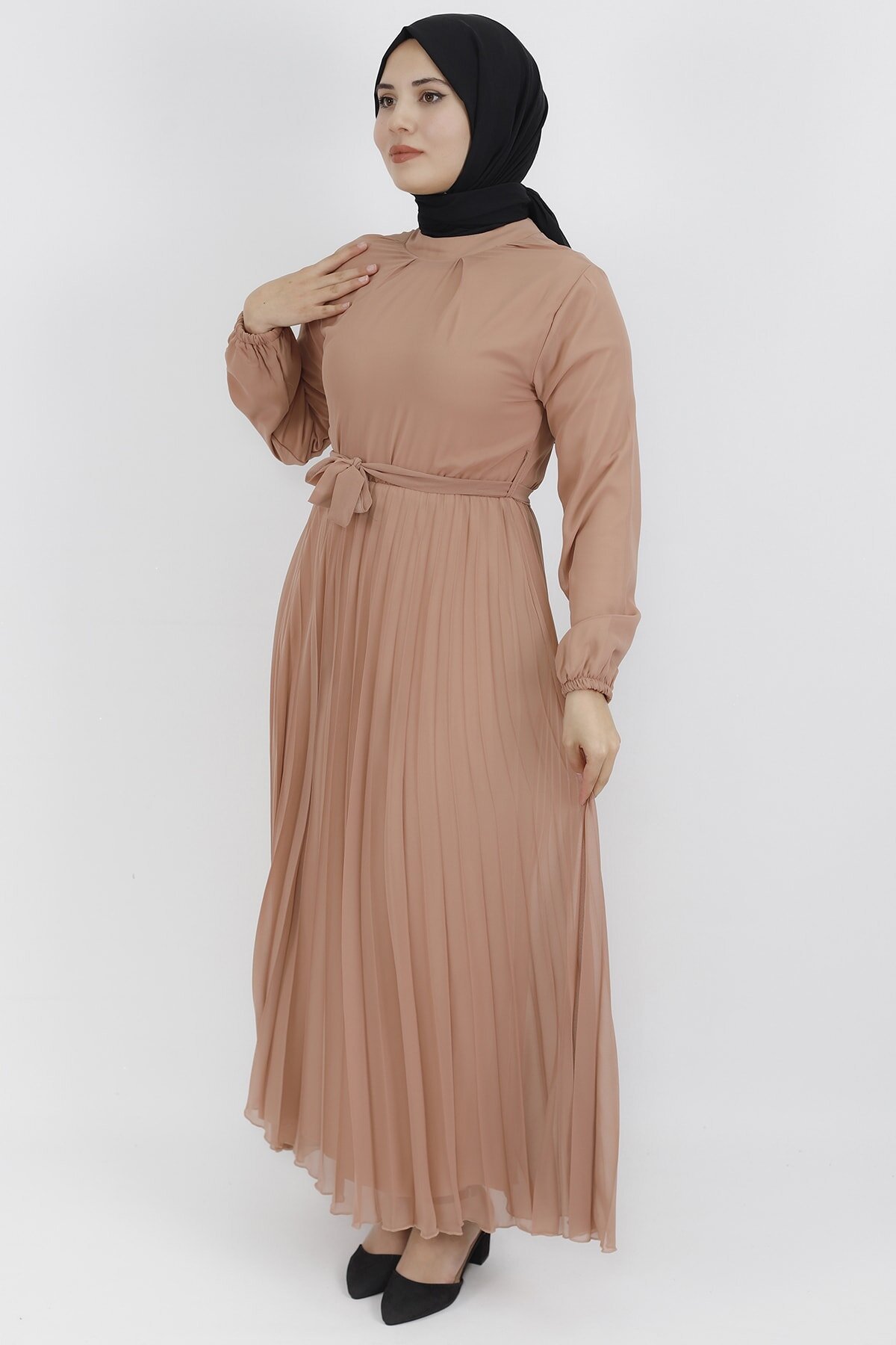 Chiffon Pleated Detail Modest Dress - Beige - Butik