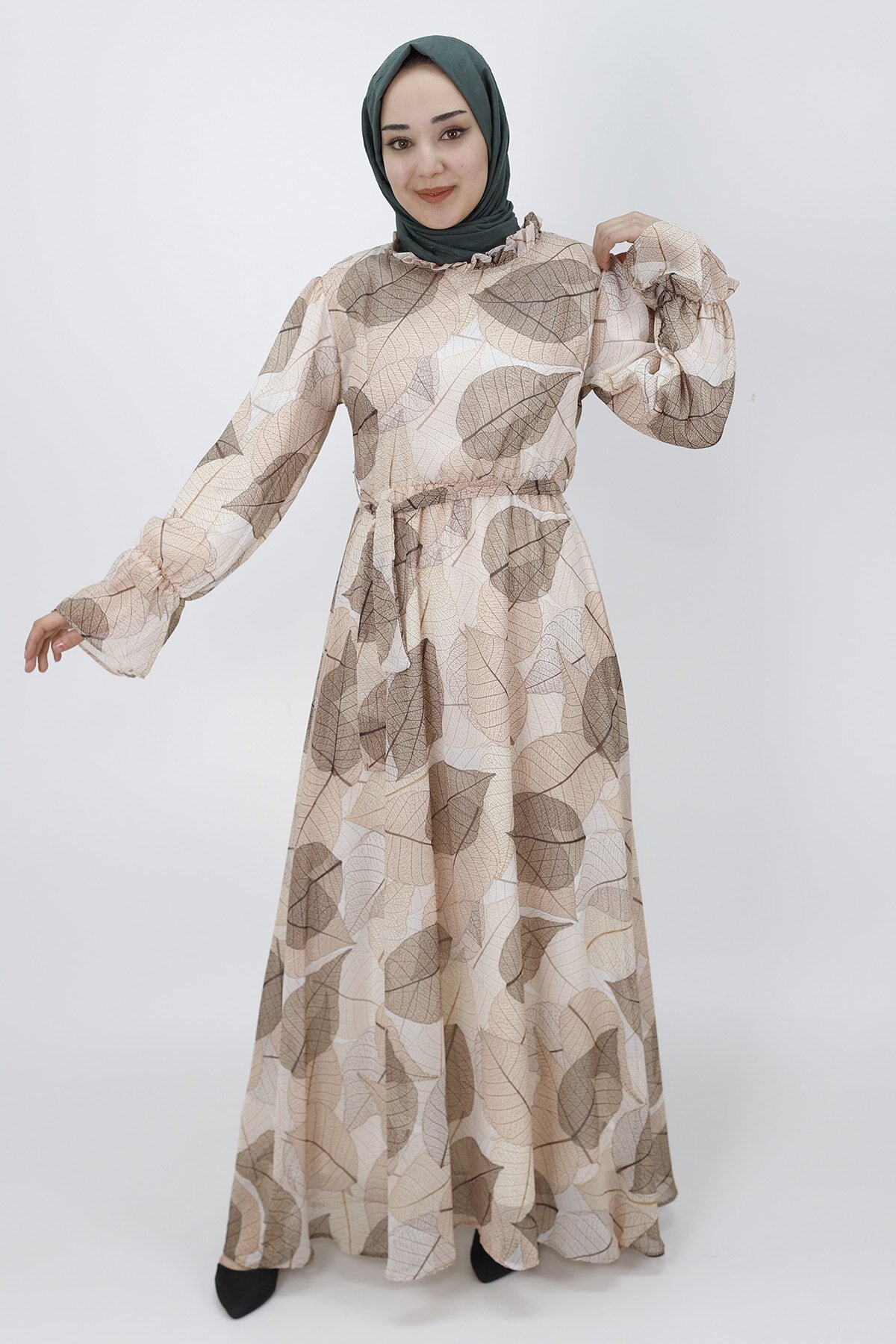 Modest Leaf-Patterned Chiffon Gathered-Detail Dress - Beige - Butik