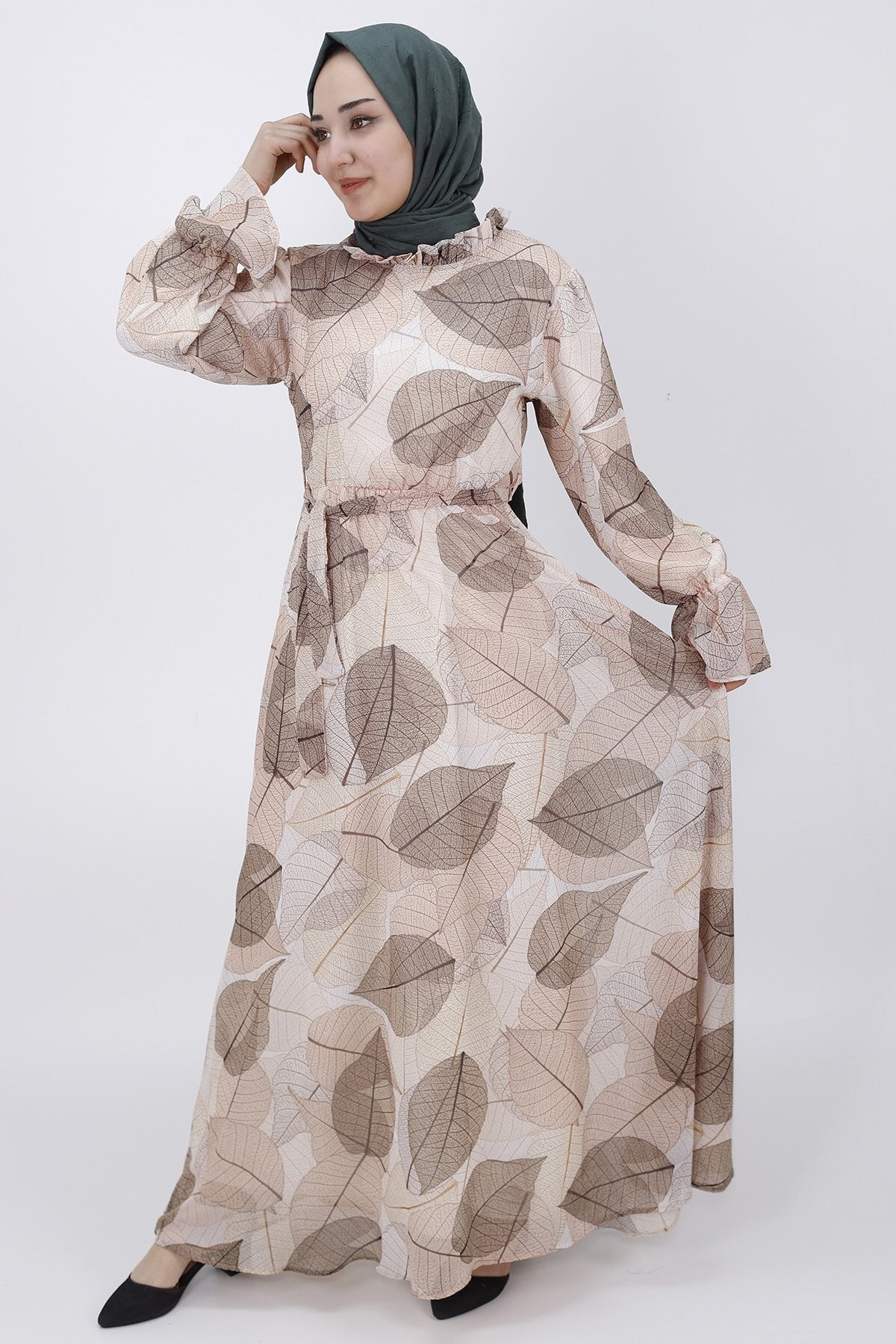 Modest Leaf-Patterned Chiffon Gathered-Detail Dress - Beige - Butik
