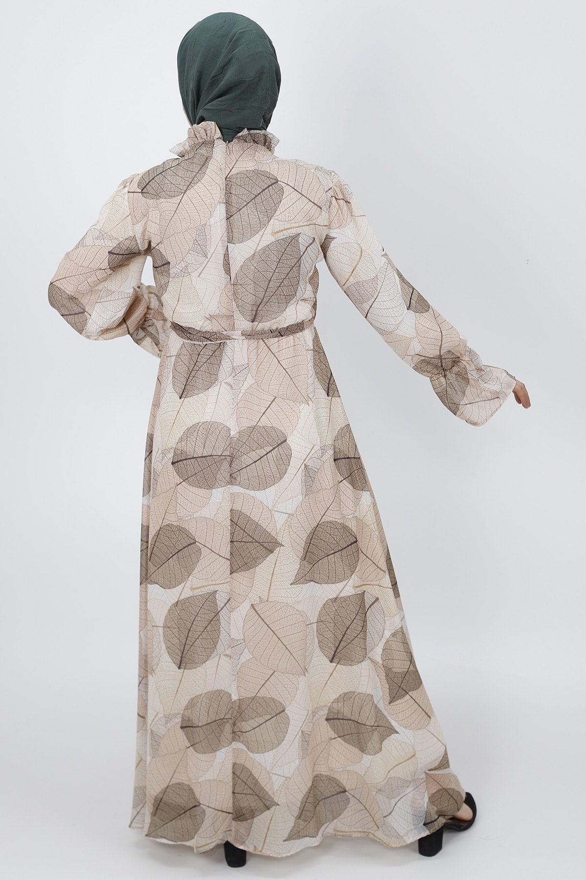 Modest Leaf-Patterned Chiffon Gathered-Detail Dress - Beige - Butik
