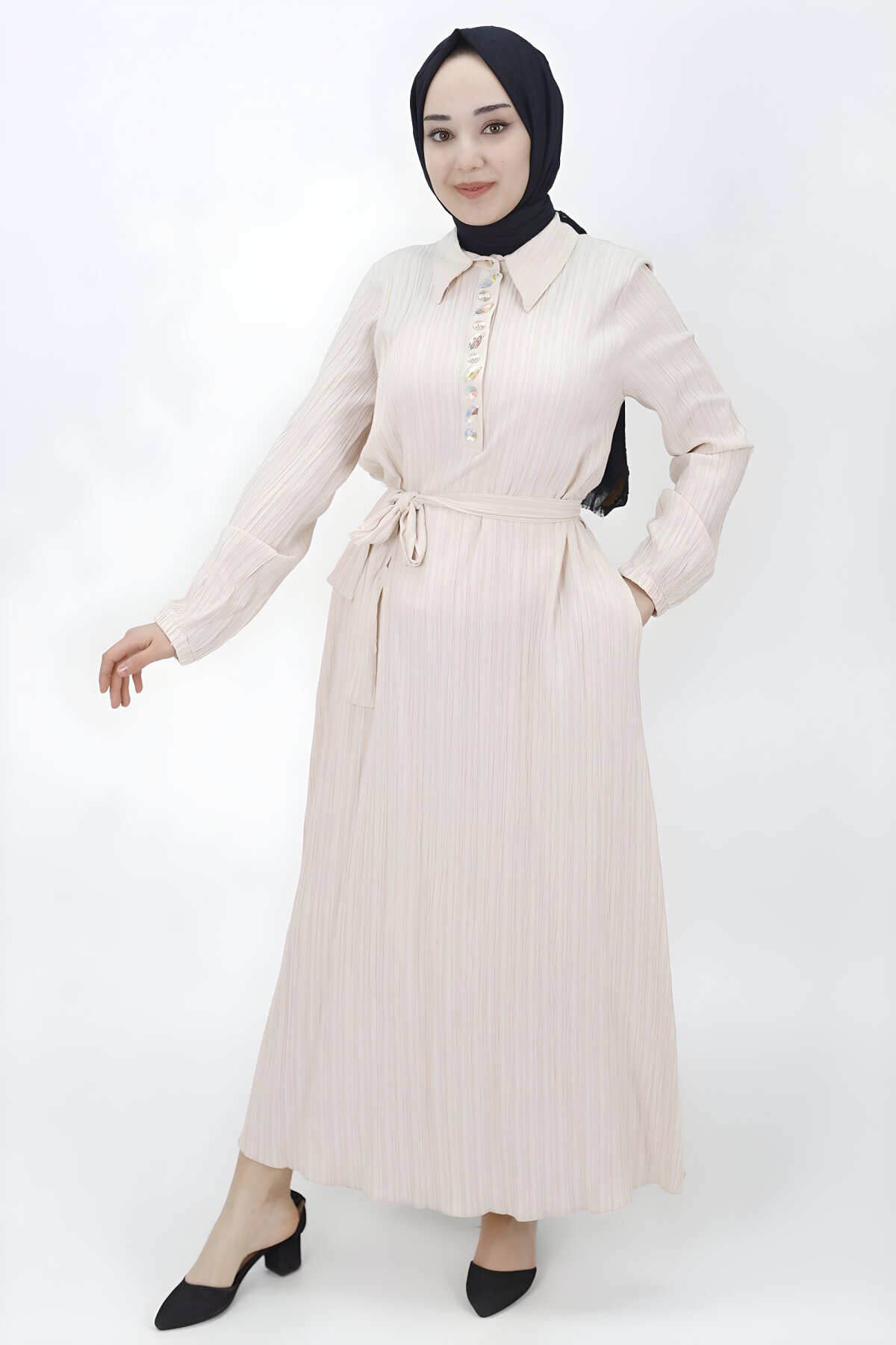 Bürümcük Taş Detaylı Tesettür Elbise - Butik