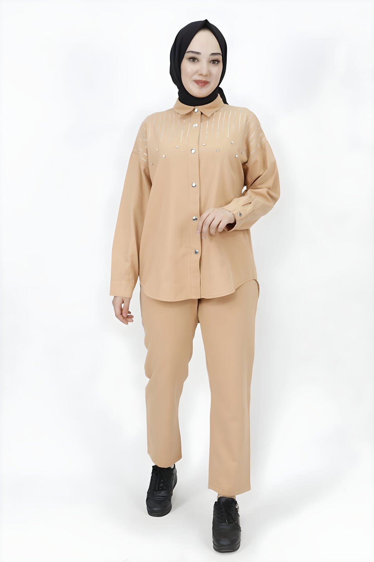 Camel Gabardin Kumaş Taş Detaylı Tesettür İkili Takım - Butik