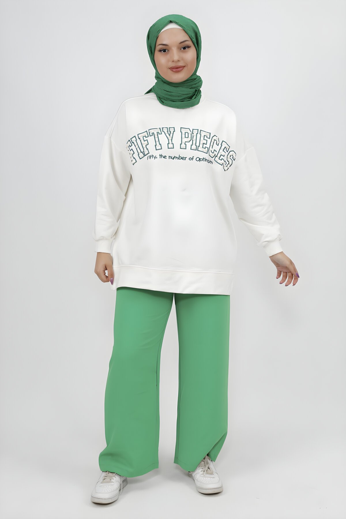 Ekru 2iplik Boncuk ve Nakış Detaylı Tesettür Tunik - Butik