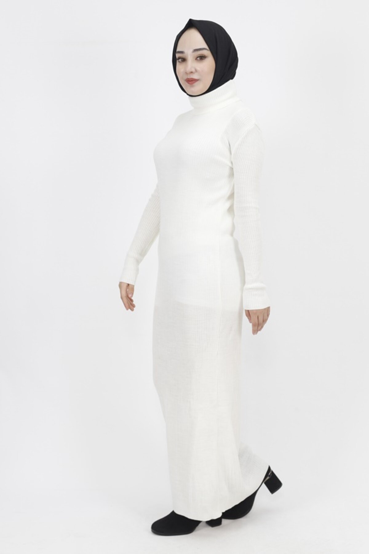 Turtleneck Ribbed Knit Modest Dress - Ecru - Butik