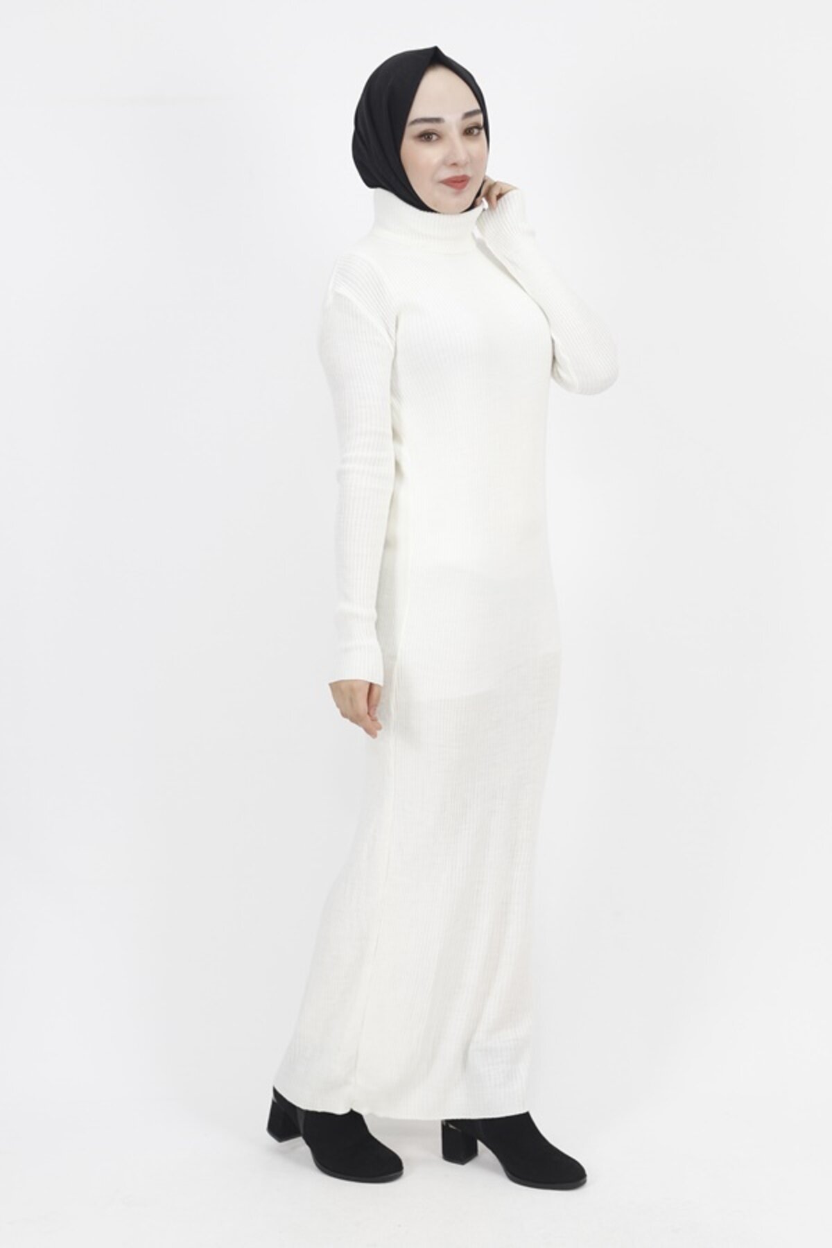 Turtleneck Ribbed Knit Modest Dress - Ecru - Butik