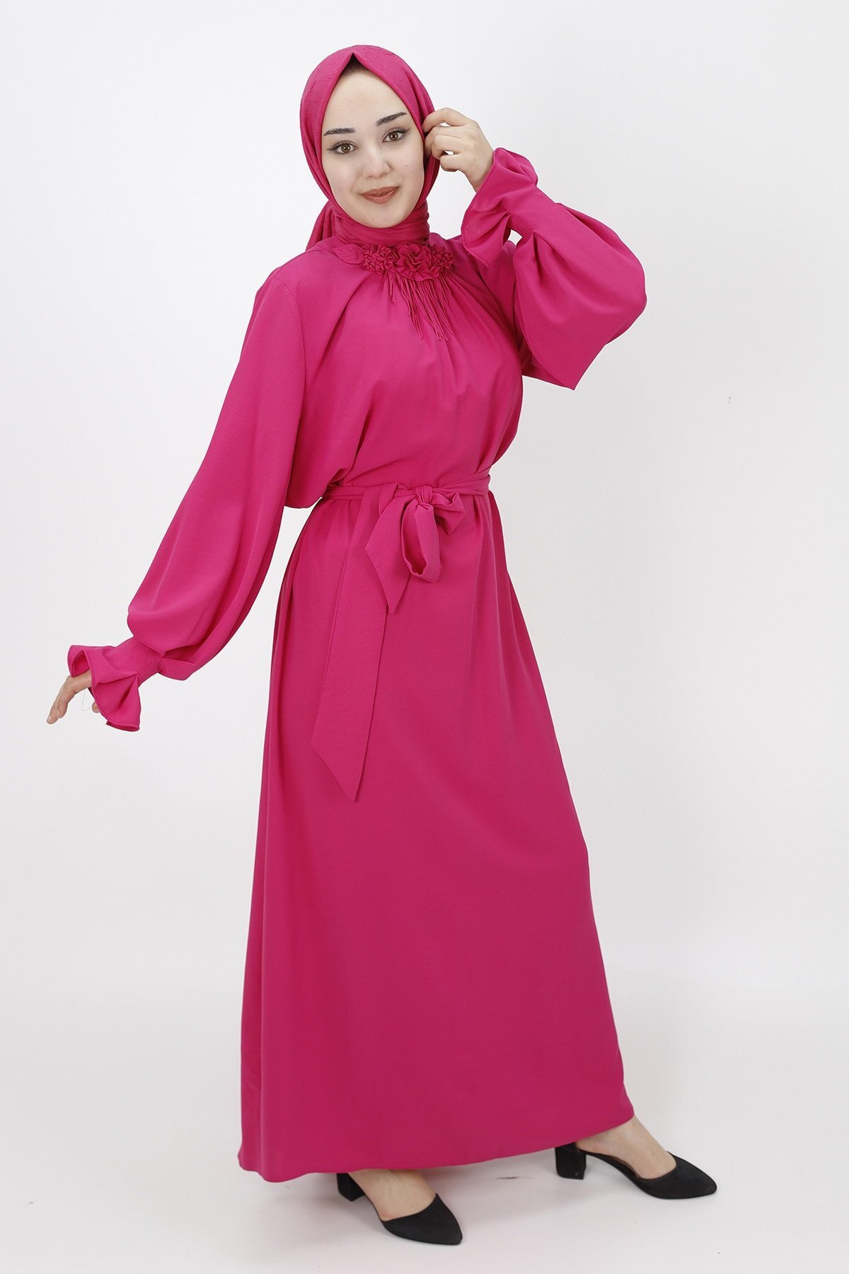 Balloon Sleeve Flower Accessory Detail Modest Dress - Fuchsia - Butik