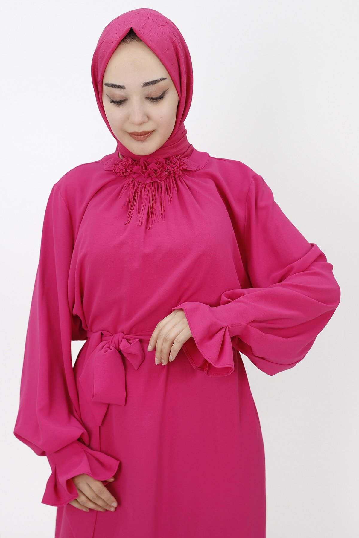 Balloon Sleeve Flower Accessory Detail Modest Dress - Fuchsia - Butik