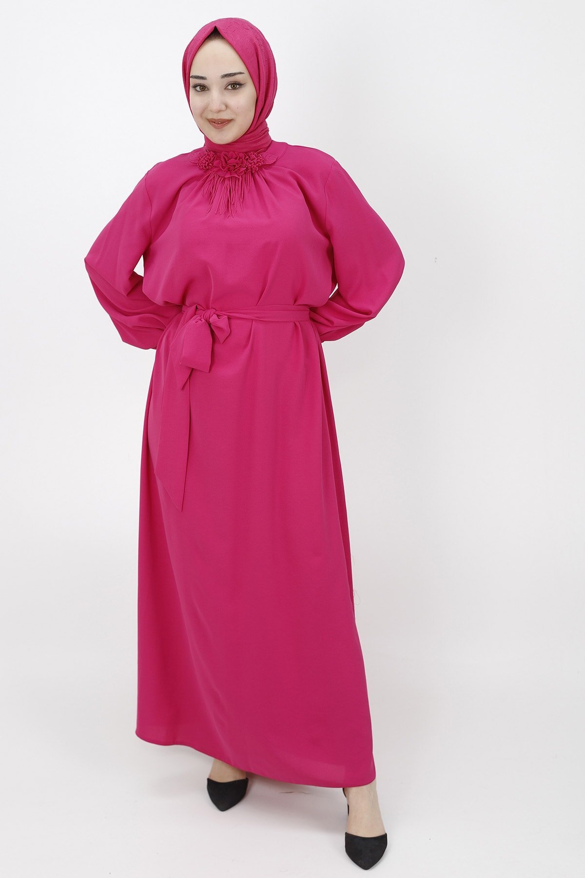 Balloon Sleeve Flower Accessory Detail Modest Dress - Fuchsia - Butik