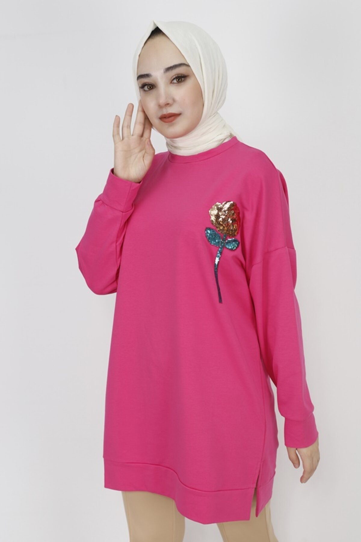 Yarn Fabric Sequin-Detail Modest Tunic - Fuchsia - Butik
