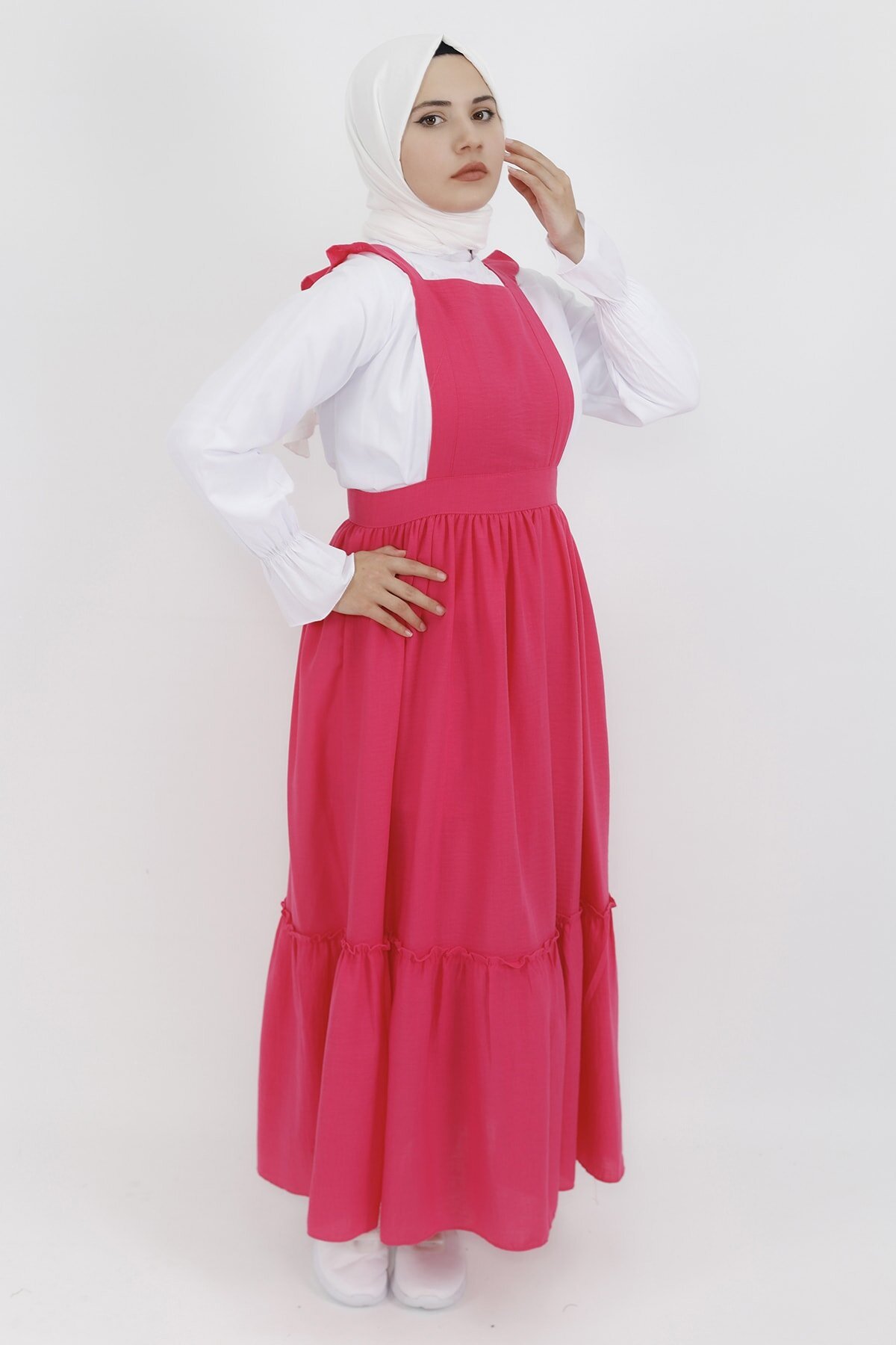 Shirted Linen Pinafore Dress - Fuchsia - Butik