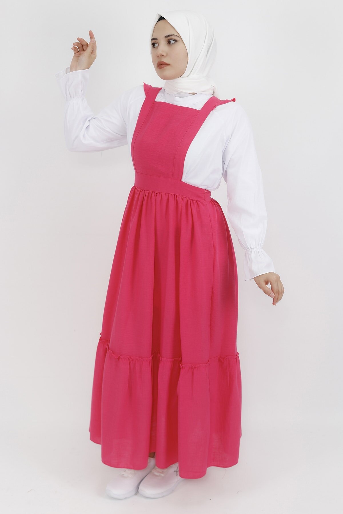 Shirted Linen Pinafore Dress - Fuchsia - Butik