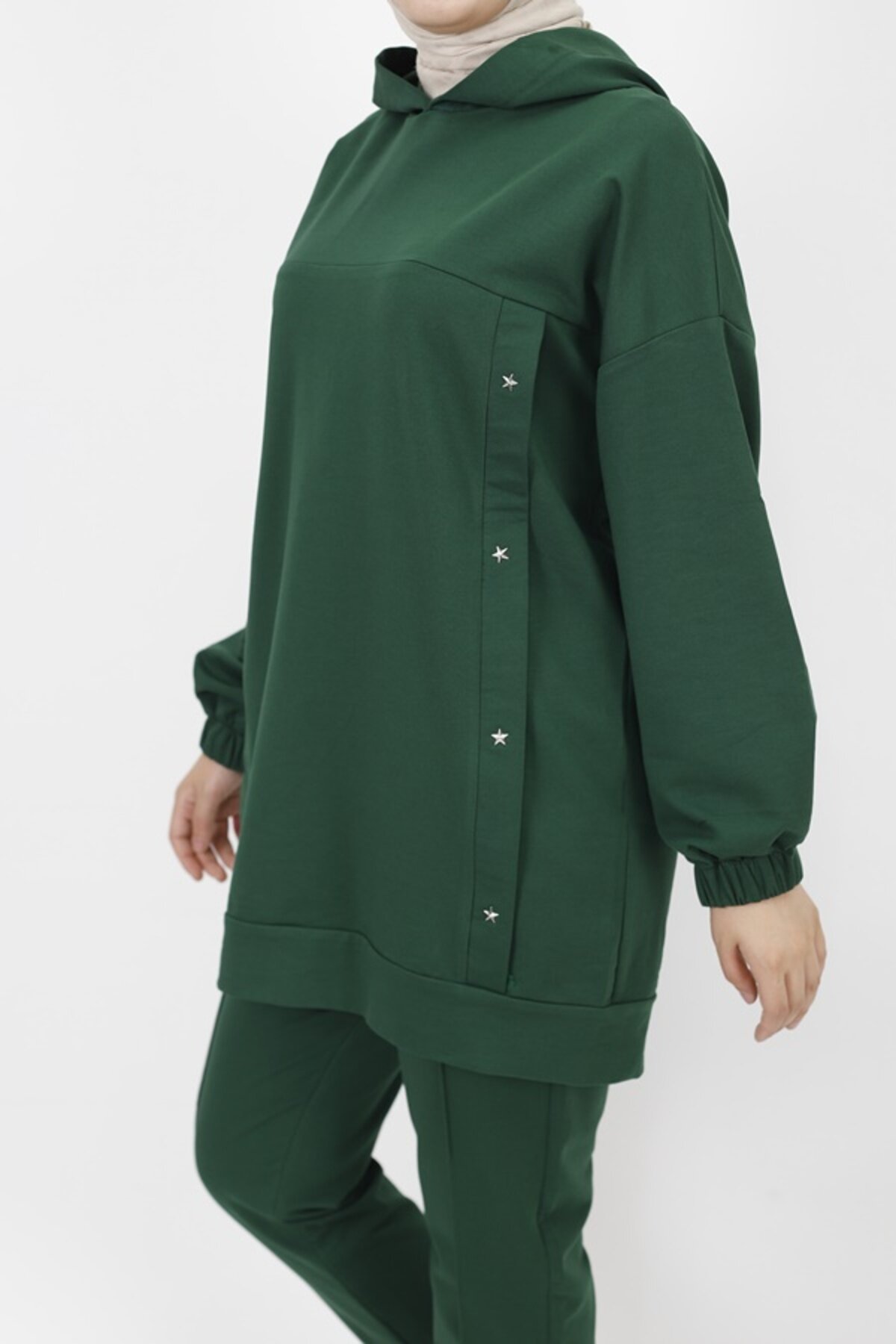 Two-Piece Hooded Two-Thread Knit Modest Set with Star Stud Detail - Khaki - Butik
