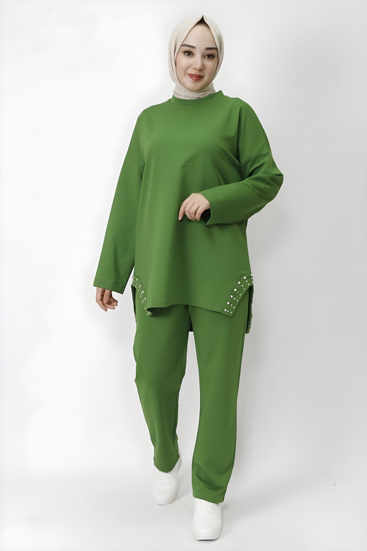 Haki İp Kumaş İkili Yanı Taş Detaylı Tesettür Takım - Butik