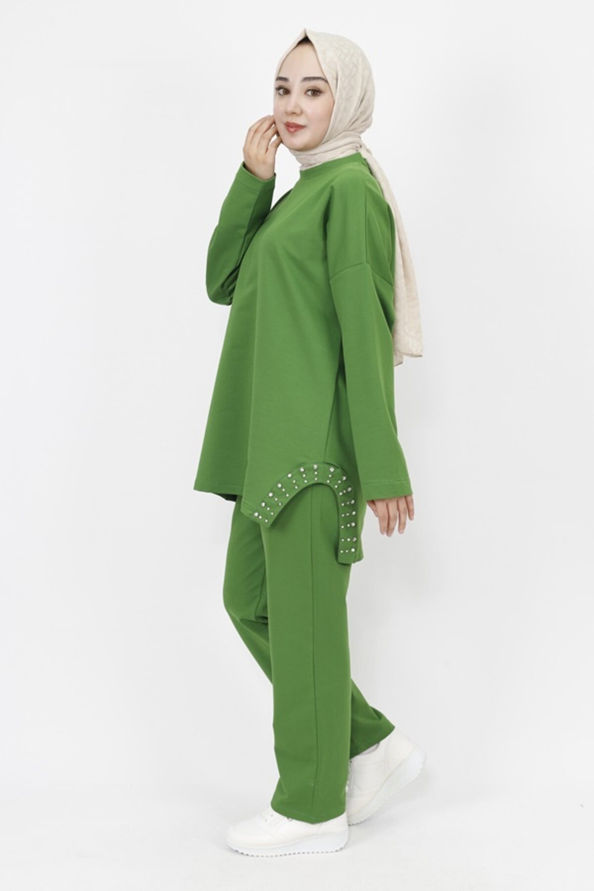 Two-Piece Textured Fabric Side Stone Detail Modest Set - Khaki - Butik