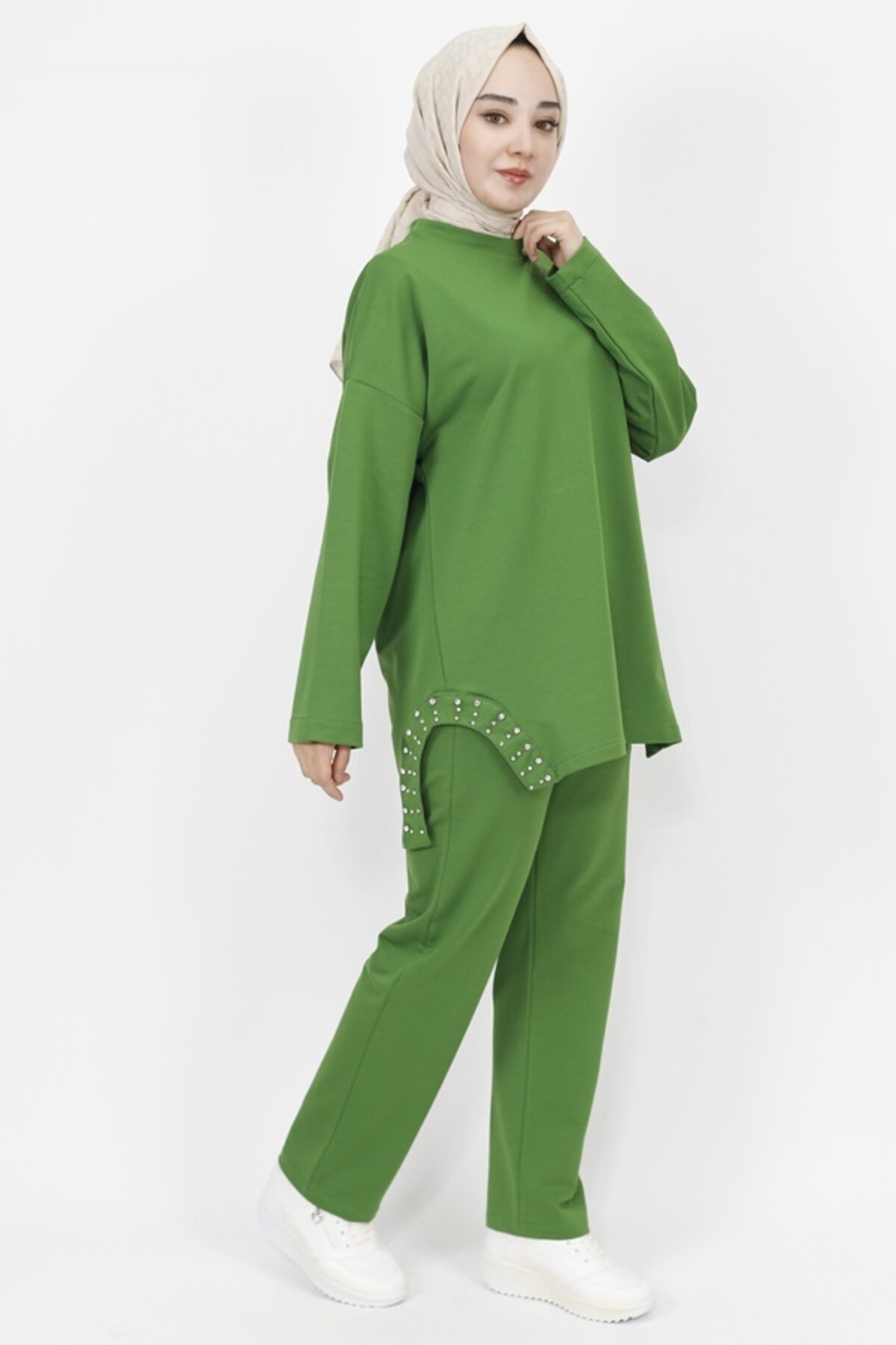 Two-Piece Textured Fabric Side Stone Detail Modest Set - Khaki - Butik