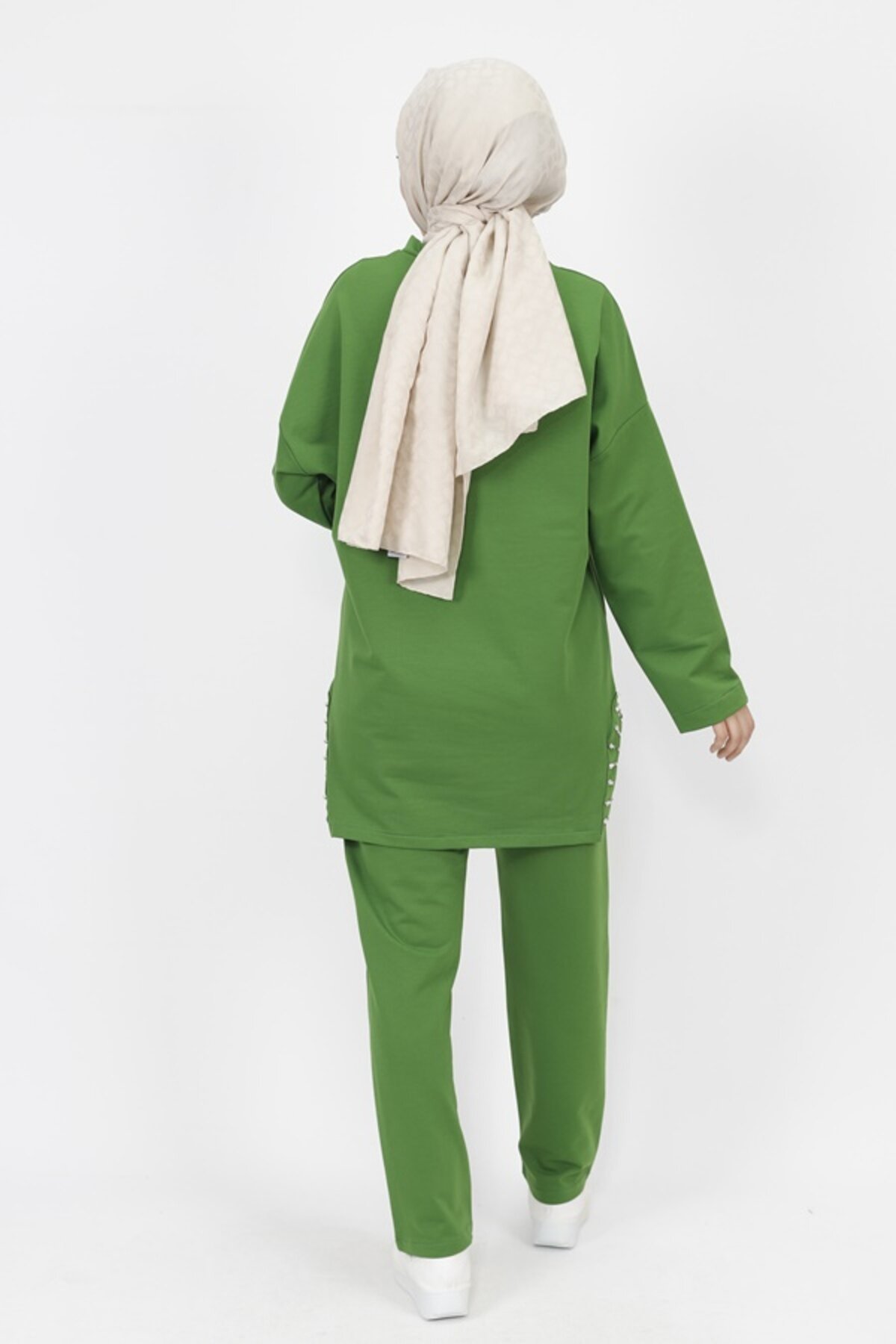 Two-Piece Textured Fabric Side Stone Detail Modest Set - Khaki - Butik