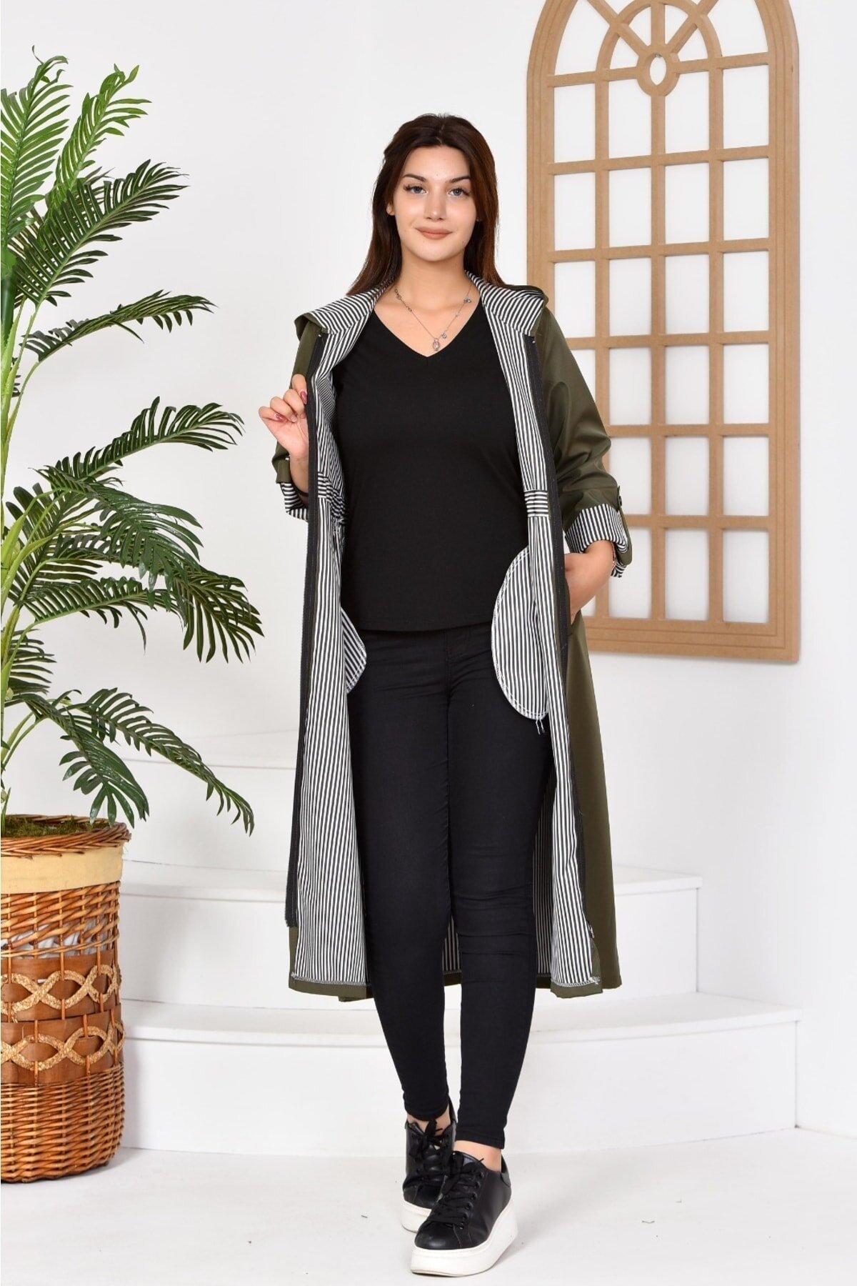 Long Bondit Fabric Trench Coat - Khaki - Butik